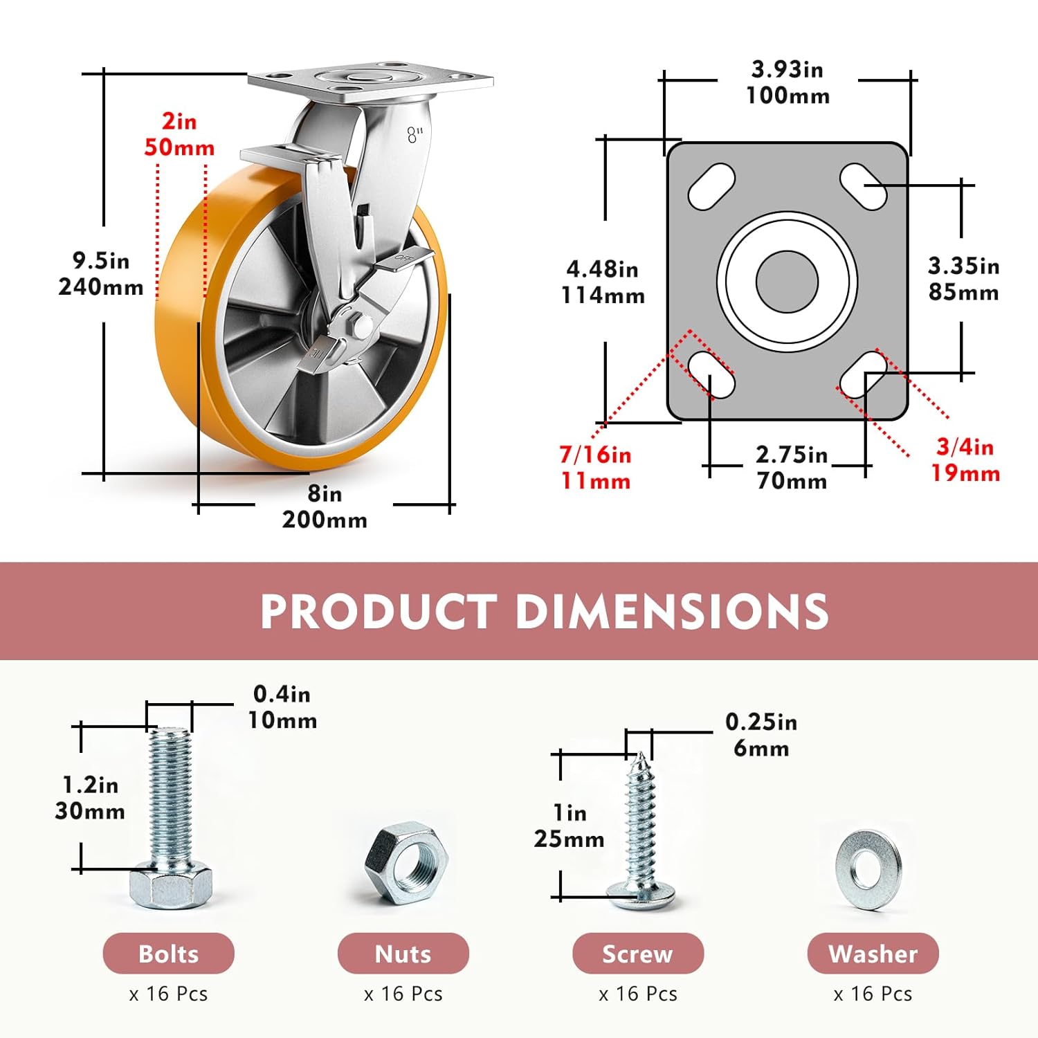 8 Inch Heavy Duty Casters Set of 4, Industrial Locking Casters 7000lbs Load Capacity, Plate Swivel Castor Wheels for Heavy Duty Carts, Workbench, Equipment, Platform Truck (Orange)