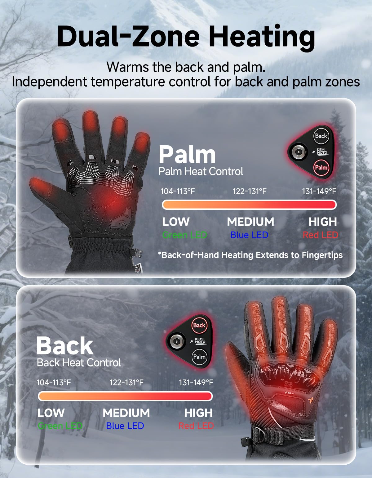 KEMIMOTO Guanti Riscaldati Moto Uomo con Cavo di Ricarica, Ricaricabili Guanti Invernali Impermeabili Touch Screen con 3000 mAh Batterie, Adatti da -20°C a -5°C, Ideali per Motociclismo e Ciclismo