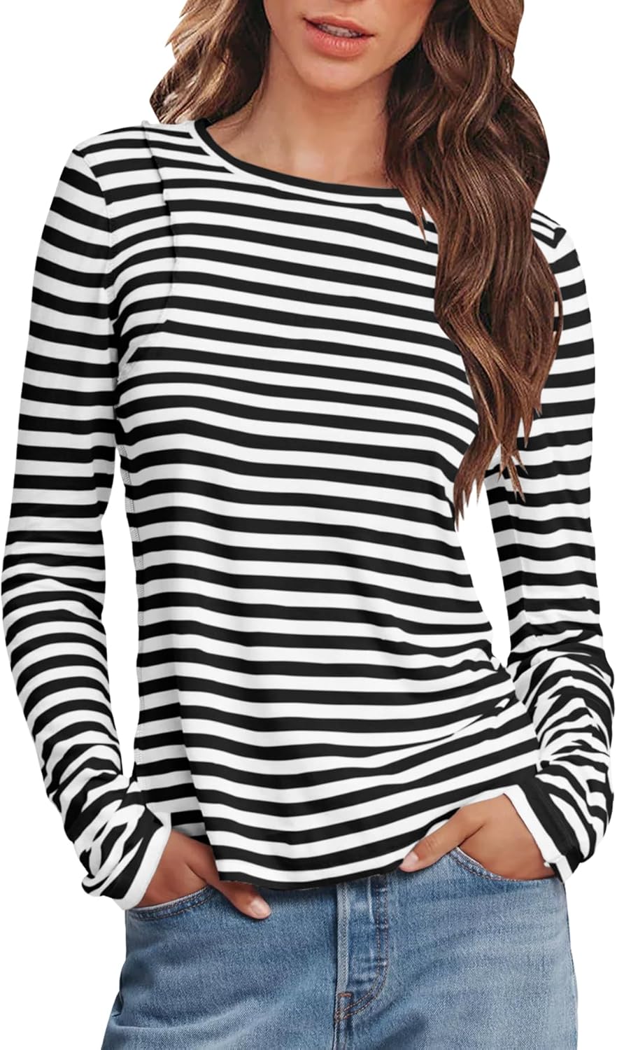 Fanway&EC Women's Basic Long Sleeve Striped T Shirts Casual Crewneck Blouses Tunic Tops