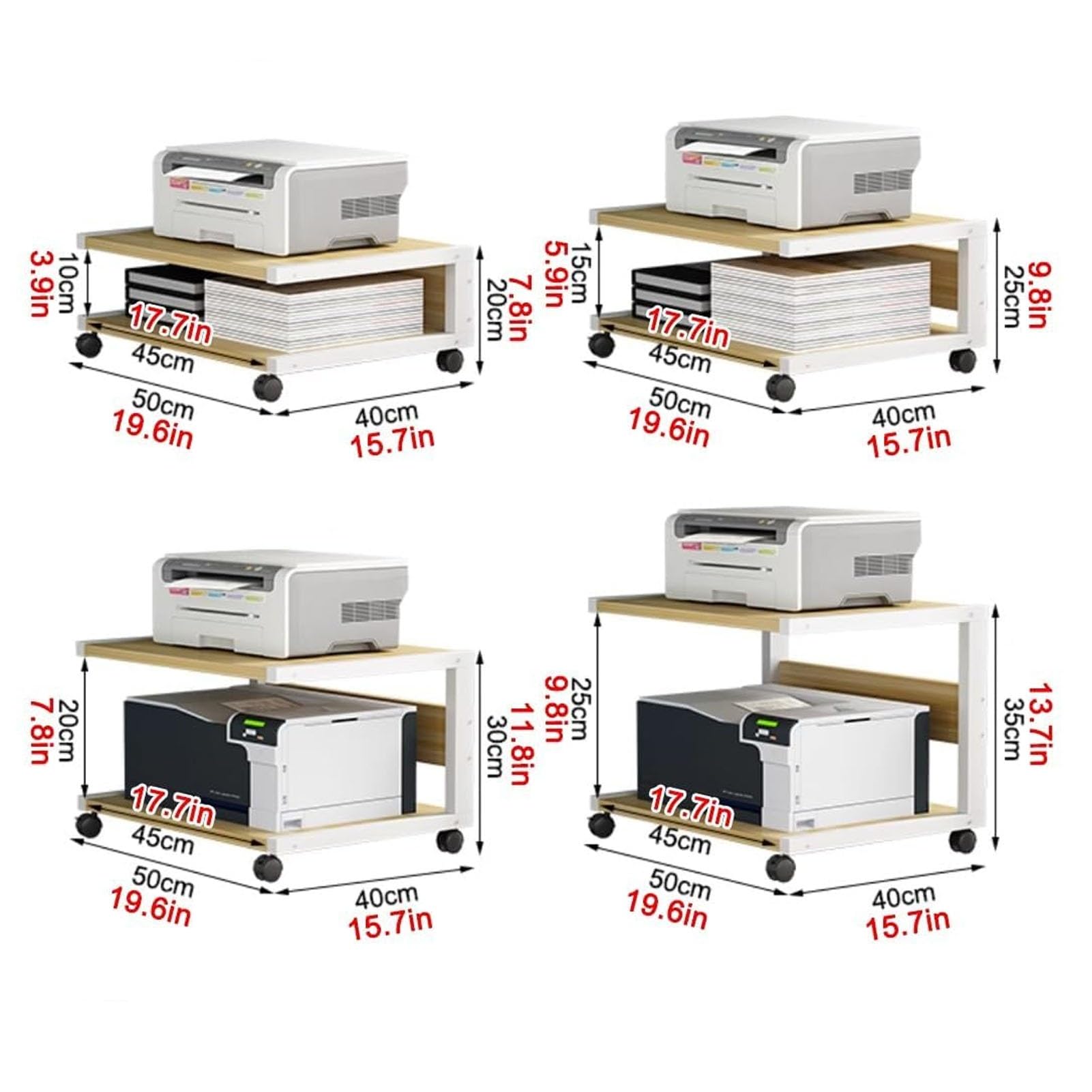 Carro de impresora con ruedas de 2 niveles resistente para archivos de escáner de fax de papel, color blanco (50 x 40 x 35 cm)