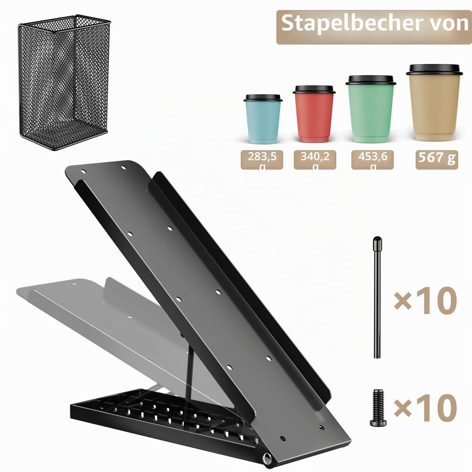 JANE EYRE Verstellbarer Getränkehalter und Deckelhalter – Organizer für Kaffeegläser mit Spender für Einwegbecher mit 4 Fächern, Korb für Strohhalme und Pads für Kaffeestation, aus Metall, Schwarz