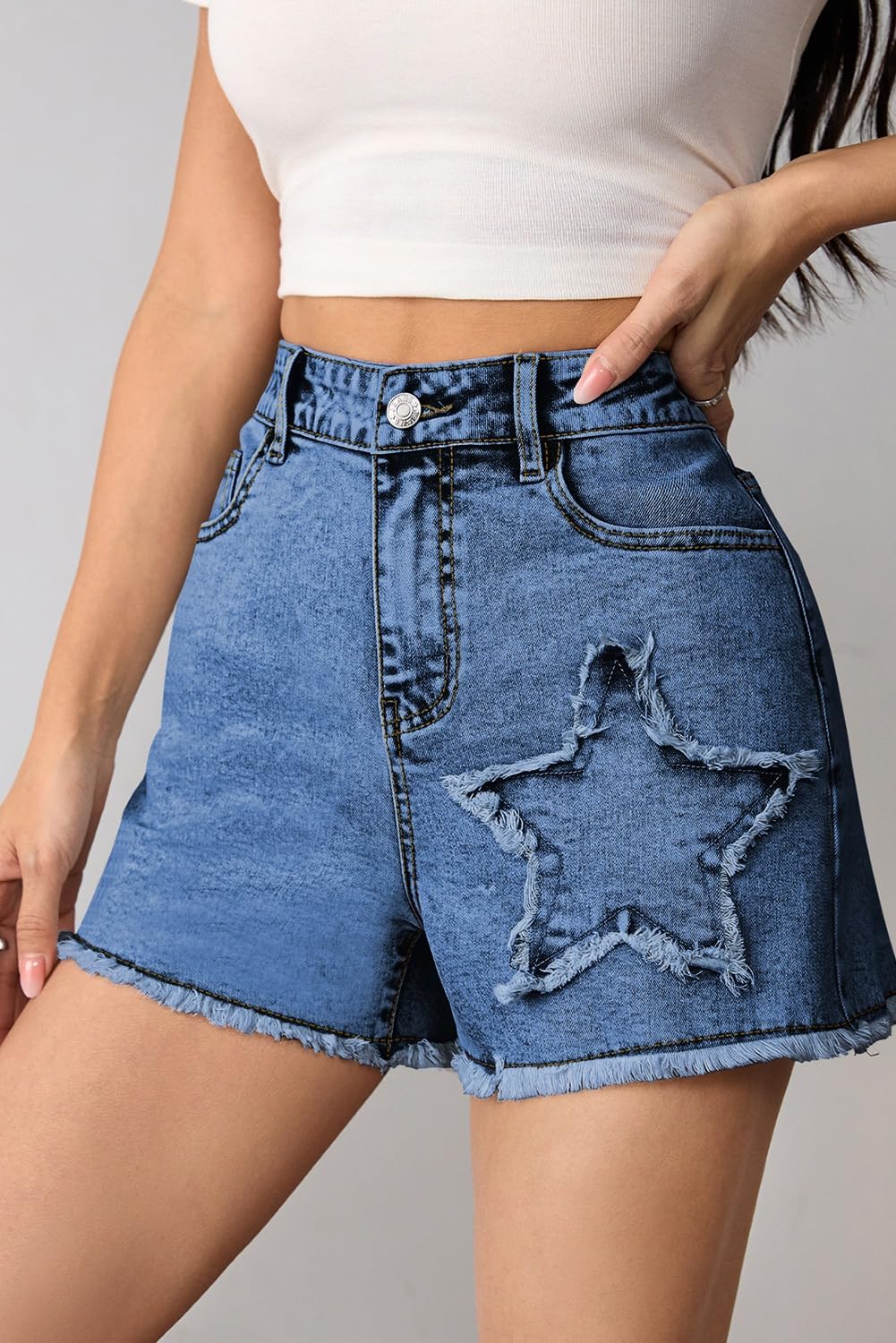 Pink Queen Women's High Waisted Denim Shorts 2026 Casual Star/Bow Frayed Hem Summer Hot Short Jeans with Pockets - Image 4