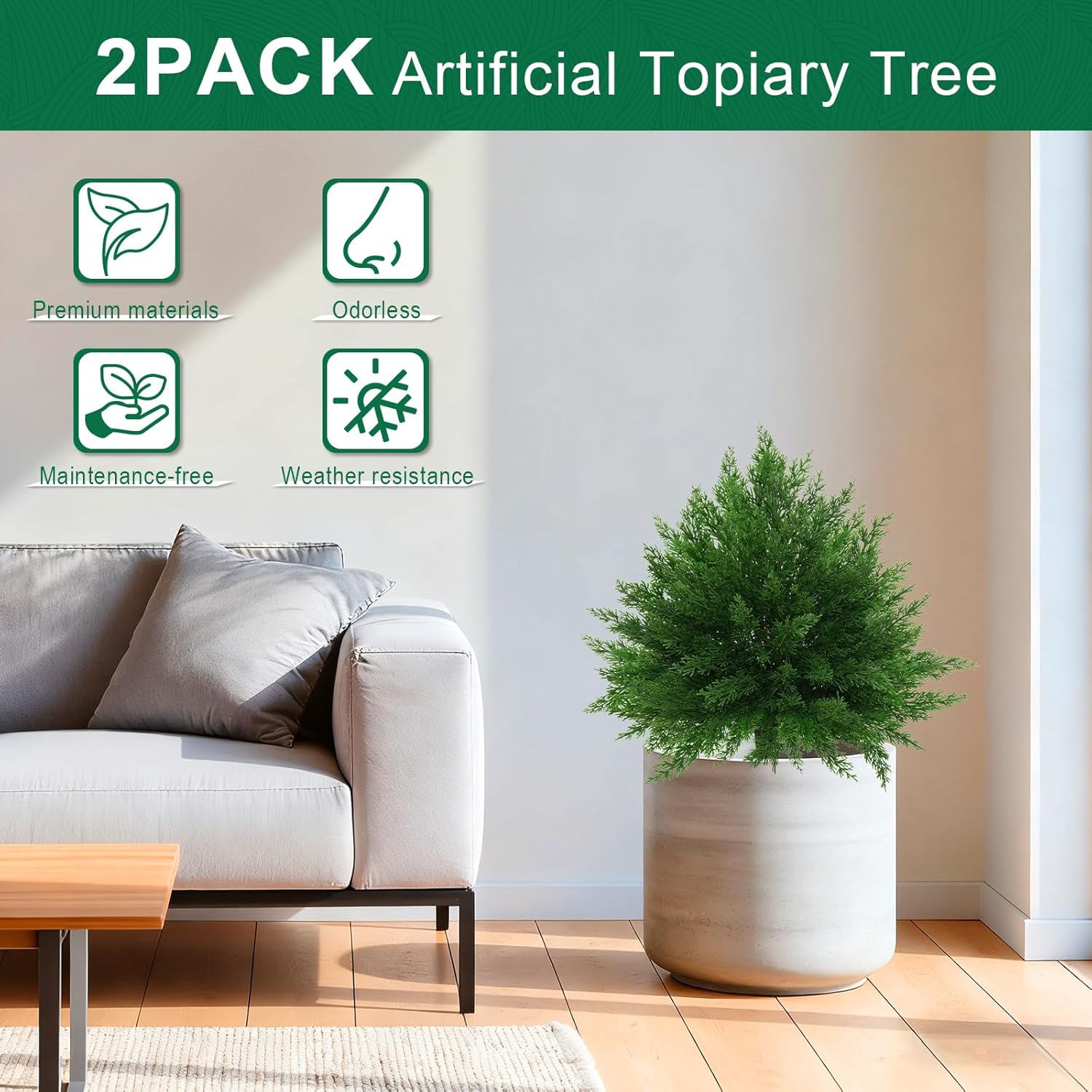 2Pack Artificial Cedar Topiary Ball Trees,16'' UV Resistant Fake Evergreen Shrubs Bushes Plants with Ground Spike Fake Plants for Outdoor Indoor Front Porch Garden