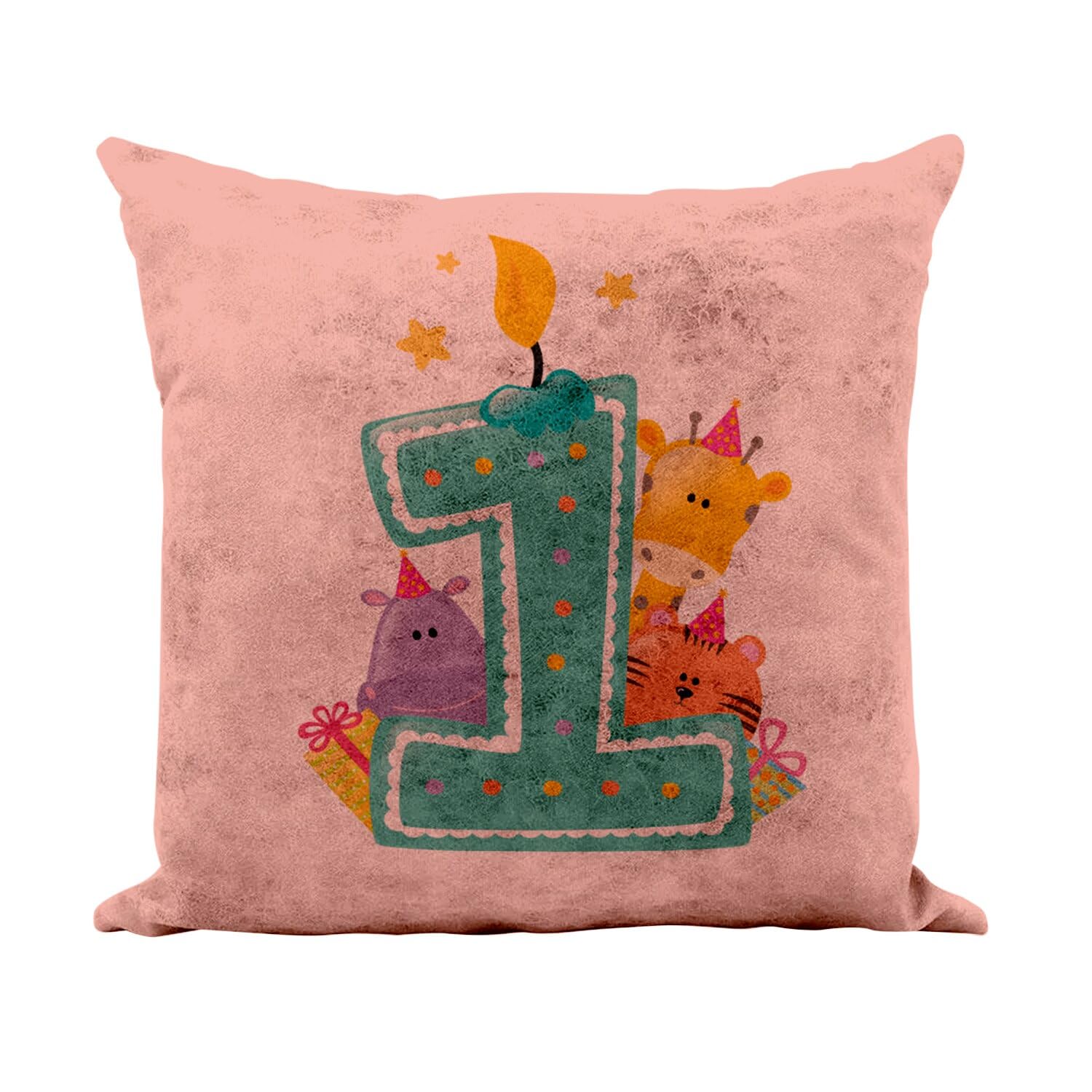 Coussin similicuir rose avec housse et coussin inclus, décor girafe pour anniversaire 1 an