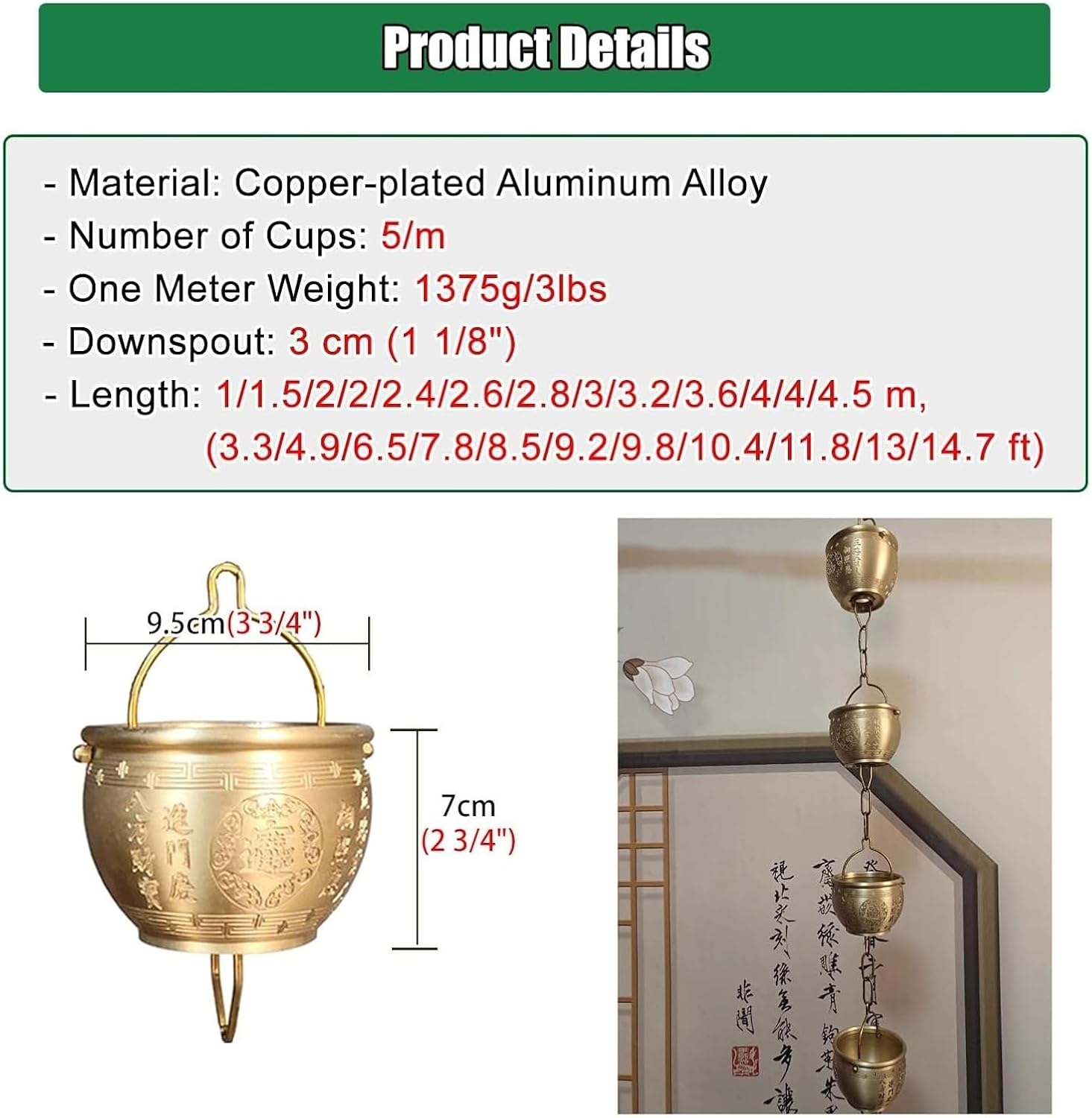Rain Chains，Decor Rain Chain ， Hanging Rain Chain Aluminum, Decorative Water Catcher Copper-Plated Cup, Heavy Rain Water Chain(Ligjt Grey,4.5m/14.7ft)