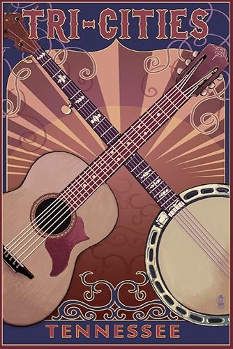 Tri-Cities, Tennessee, guitarra y música de banjo (36 x 54 pulgadas, póster de viaje para decoración de pared)