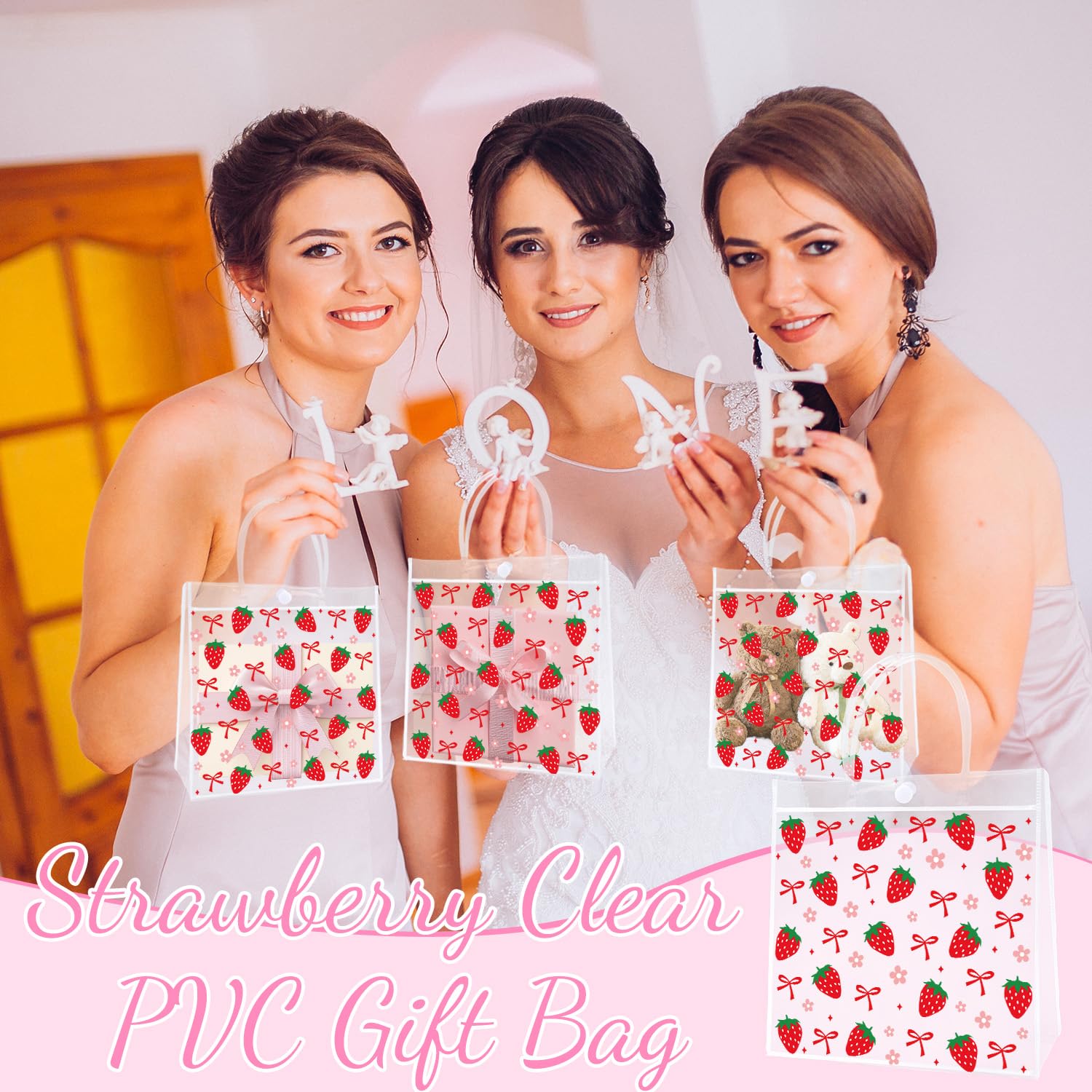 Strawberry Clear Party Favor Bags - Sweet Berry Clear Pvc Goodie Candy Bags Fruit Themed Handbag Party Supplies for Wedding Birthday Baby Shower Valentine's Day Mother's Day