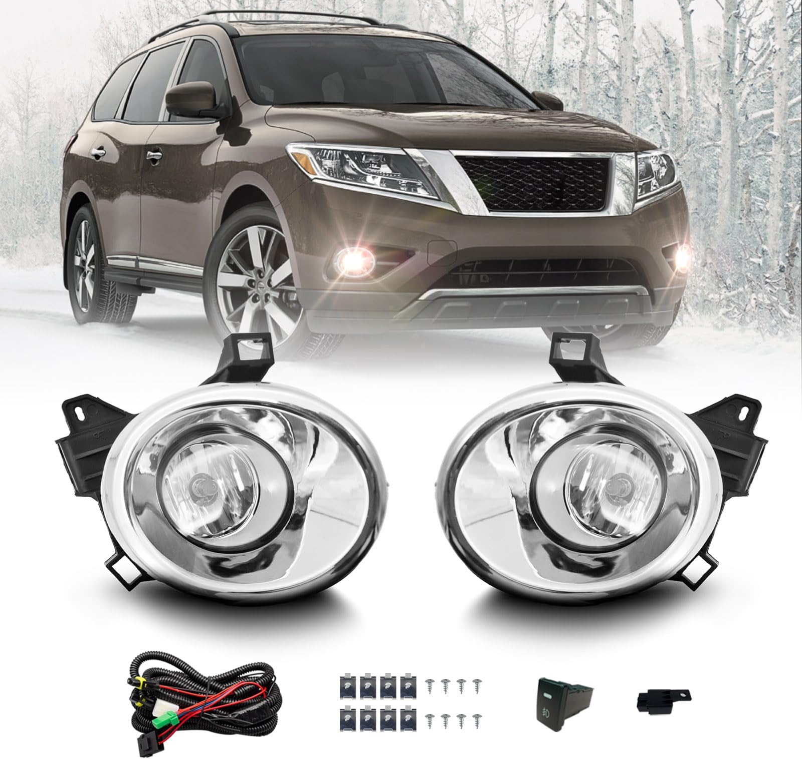 Fog Lights Compatible With 2013-2016 Nissan Pathfinder Front Bumper Lights Assembly Clear Lens w/Bezel Wires Switch Bulbs
