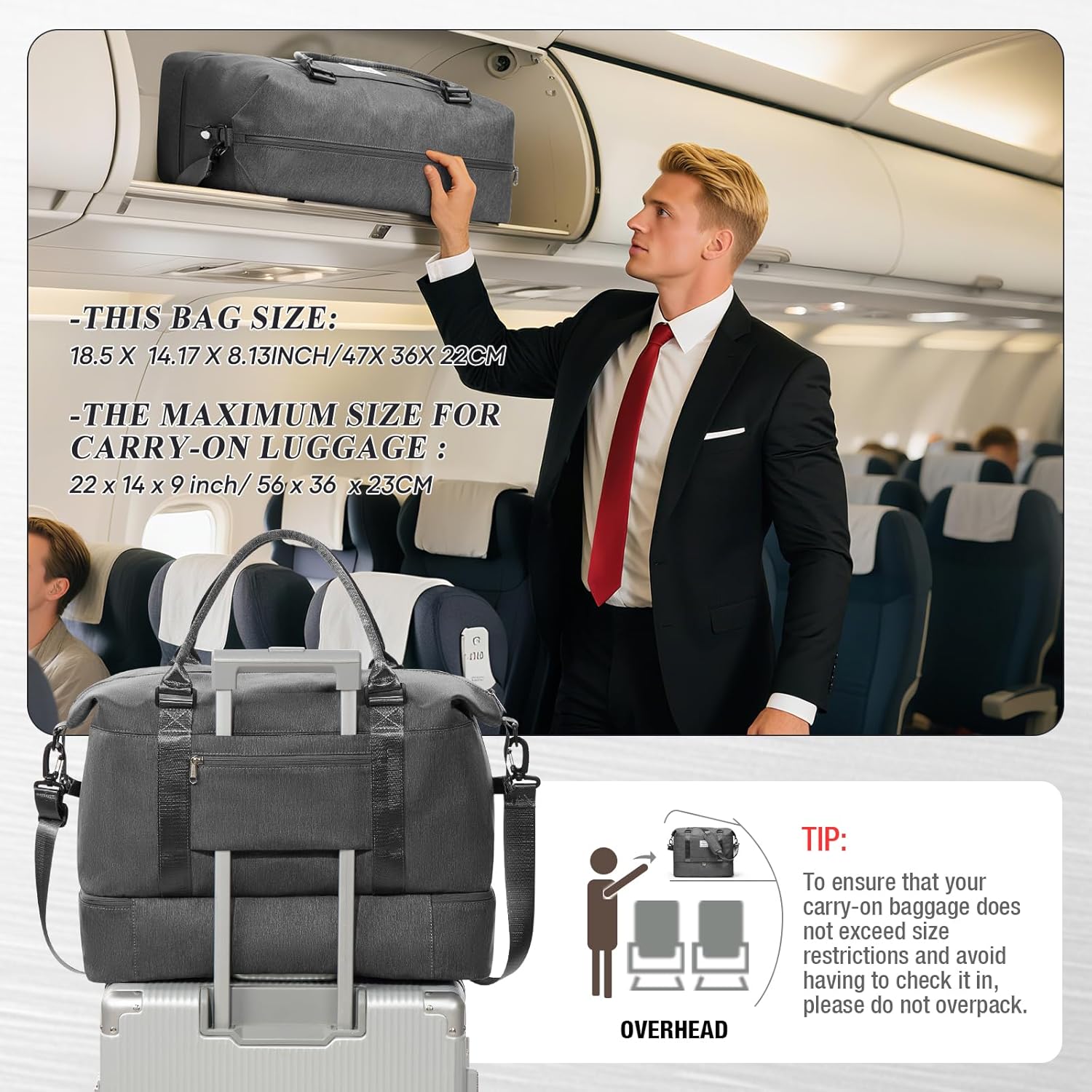 Travel Bag for Men Women, Duffle Bags for Travel, Carry on Weekender Overnight Travel Duffel Bag with Shoe Compartment & Wet Pocket,Dark Grey - Image 3