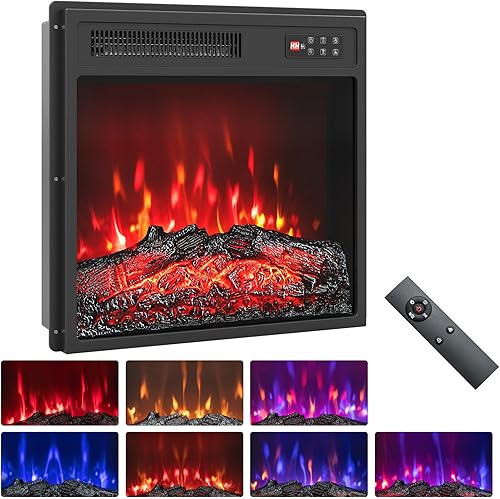 GOFLAME Inserto de chimenea eléctrica, calentador de chimenea empotrado de 18 pulgadas con control remoto, temporizador, colores de llama