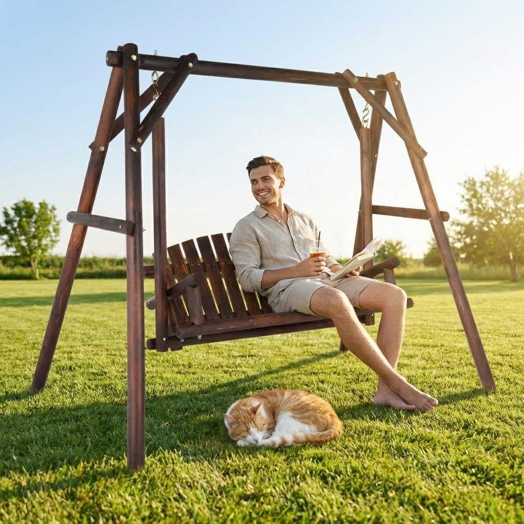 VINGLI Porch Swing with A-Frame Stand, Heavy Duty 880 LBS Porch Swing Frame, Hanging Swing Bench Chair with Frame for Outside, Yard, Garden (Rustic)