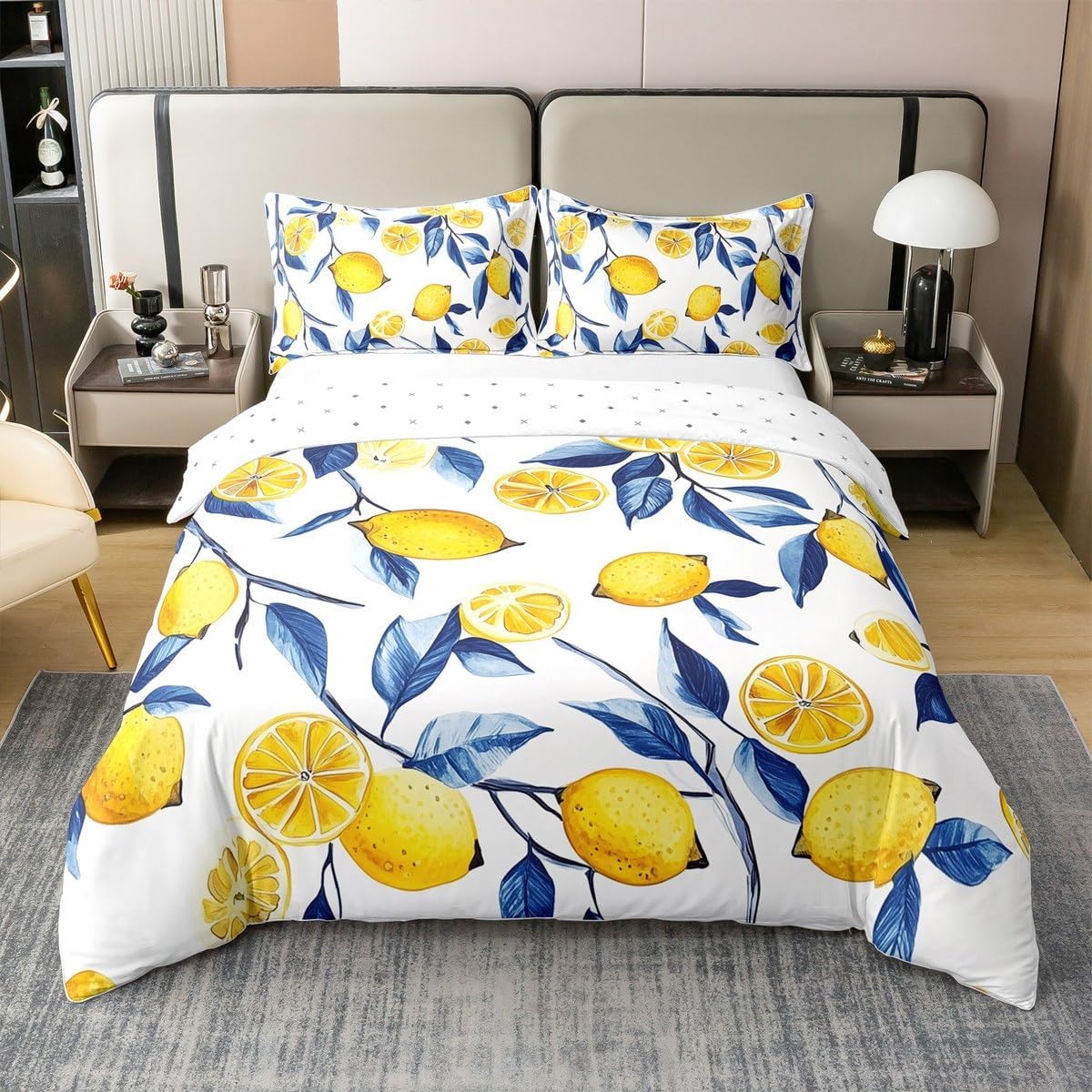 Erosebridal Watercolor Lemon Bedding Set Twin Cartoon Lemon 100% Cotton Duvet Cover Summer Fruits Comforter Cover for Kids Boys Girls Adults Tropical Style Fruits Bedclothes 2 Pcs