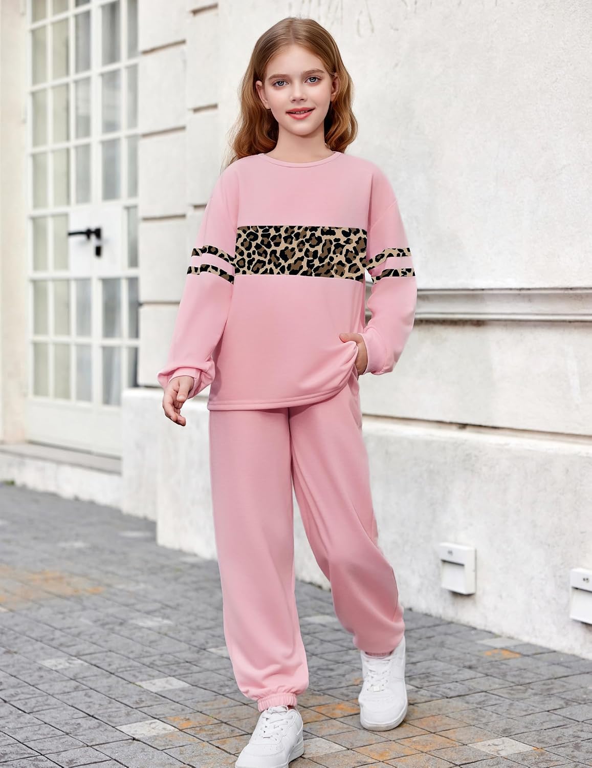 Arshiner Girls' Clothing Sets Sweatsuits Long Sleeve Color Block Pullover Sweatshirts and Lounge Pants with Pocket