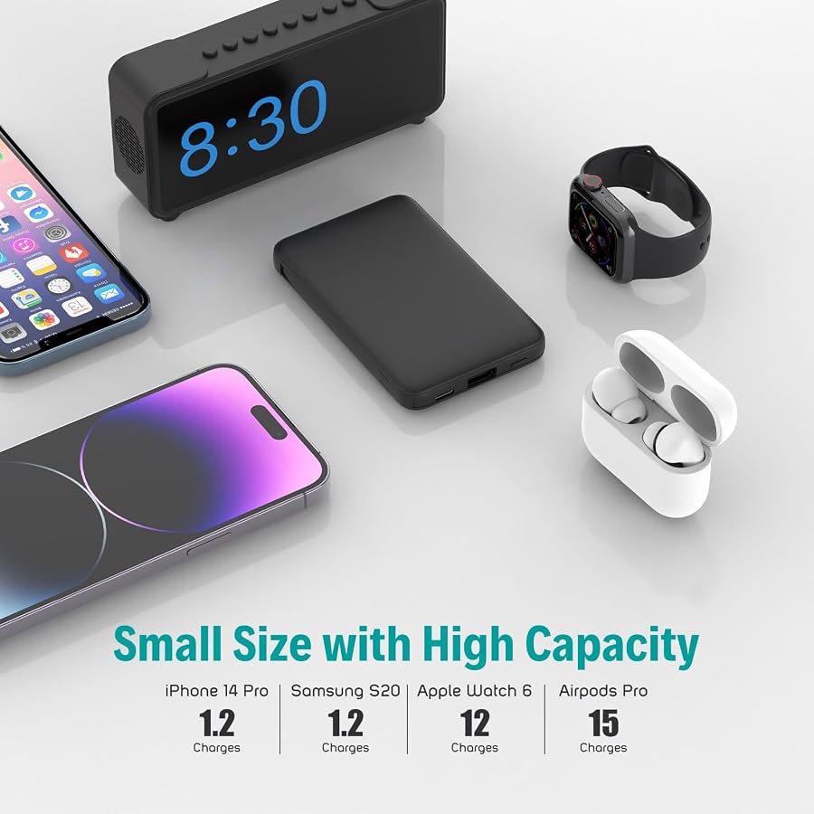 Smallest Portable Charger Built-in Cables 5000mAh,Ultra Slim Power Bank | Mini High Speed External Battery Packs,Lightweight USB C Phone Charger for iPhone Samsung Google Android (Black), image 2