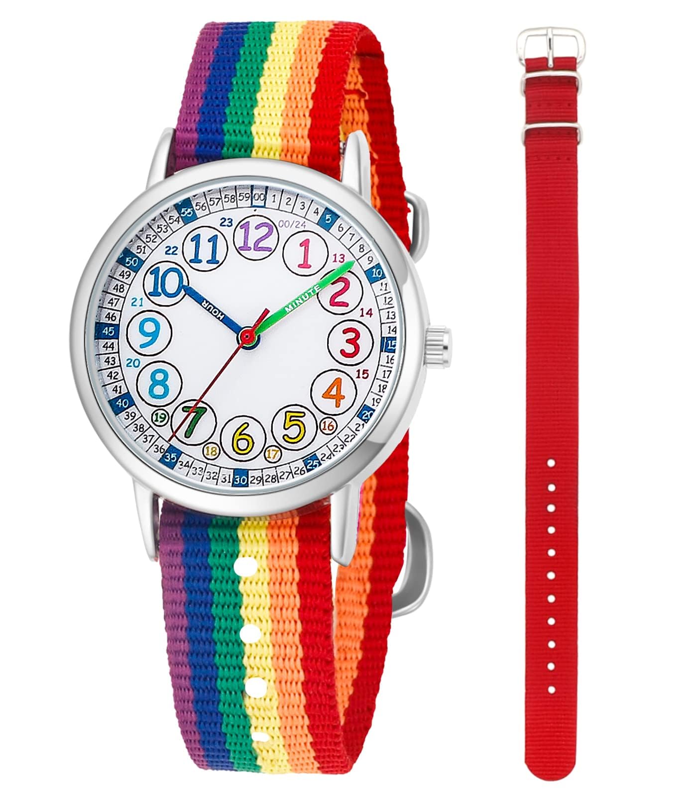 Reloj de aprendizaje infantil analógico con doble correa intercambiable para aprender la hora 2