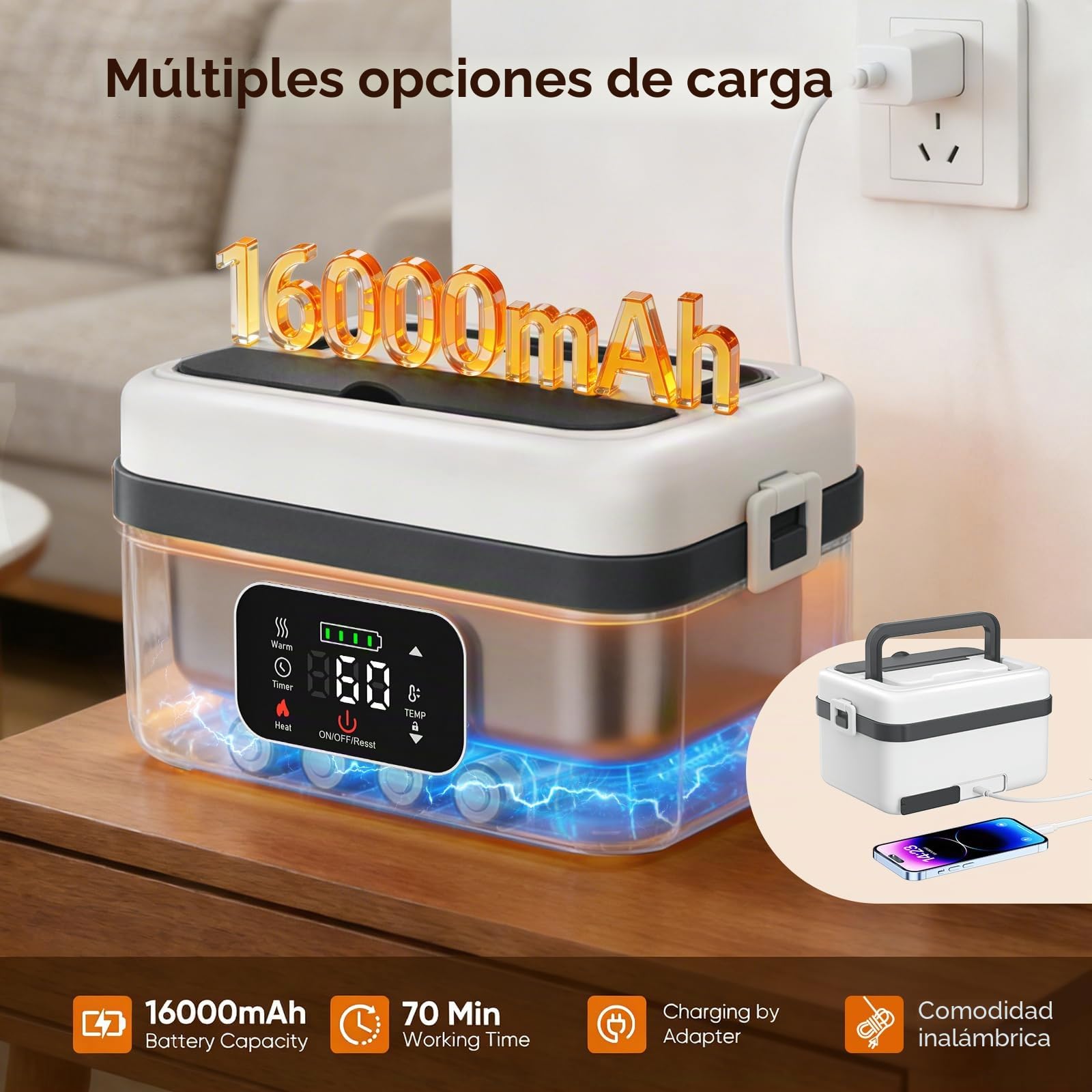 Fiambrera Electrica,Calentador de Comida Portatil 1L para Comida con Pantalla Táctil,Taper Termico Comida Caliente con Vajilla de Acero Inoxidable y Bolsa Aislante para Coche caja calefactora