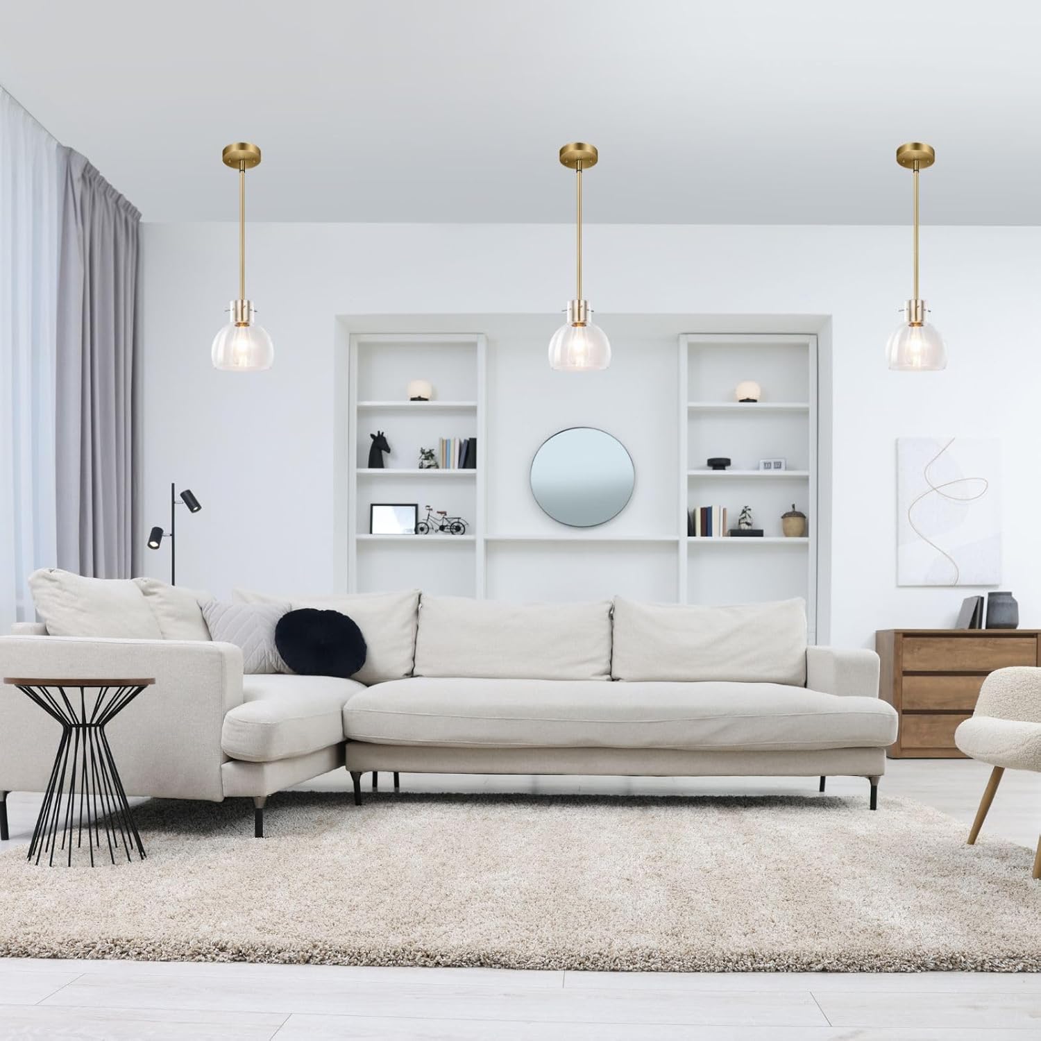3 Pack Single Brushed Copper Vintage Kitchen Island Pendant Lights,Brass Modern Chandelier Clear Glass Shade, Adjustable Height Multiple Stems Rods Ceiling Lamp E26 for Dining Room Bedside