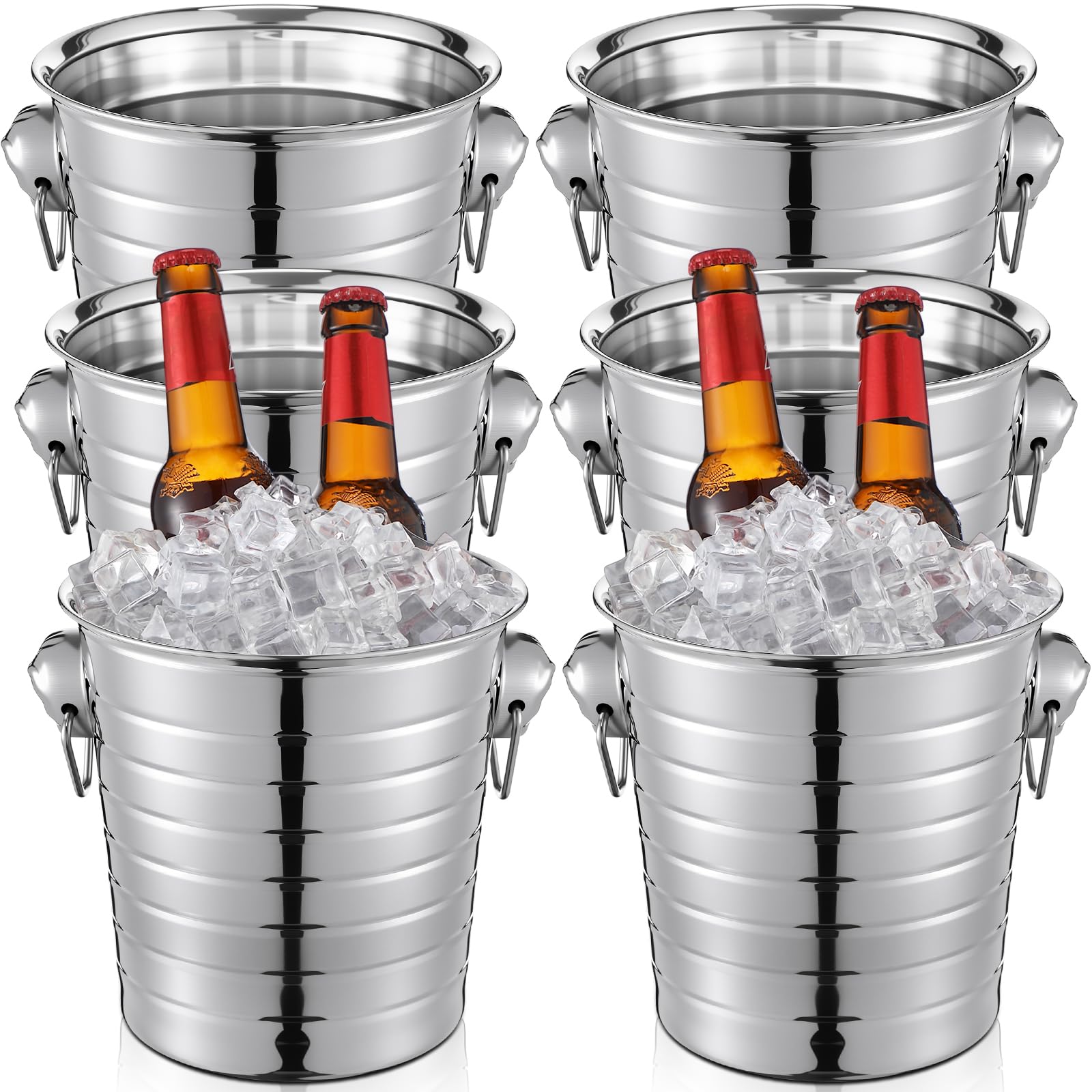 Pinkunn 6 Stück Edelstahl Champagnereimer 3 Qt Metall Eiskübel Doppelwand Weineimer mit Griffen Party Getränkekühler für Champagner Bier Cocktail Wein Getränke Home Bar Zubehör (Silber)