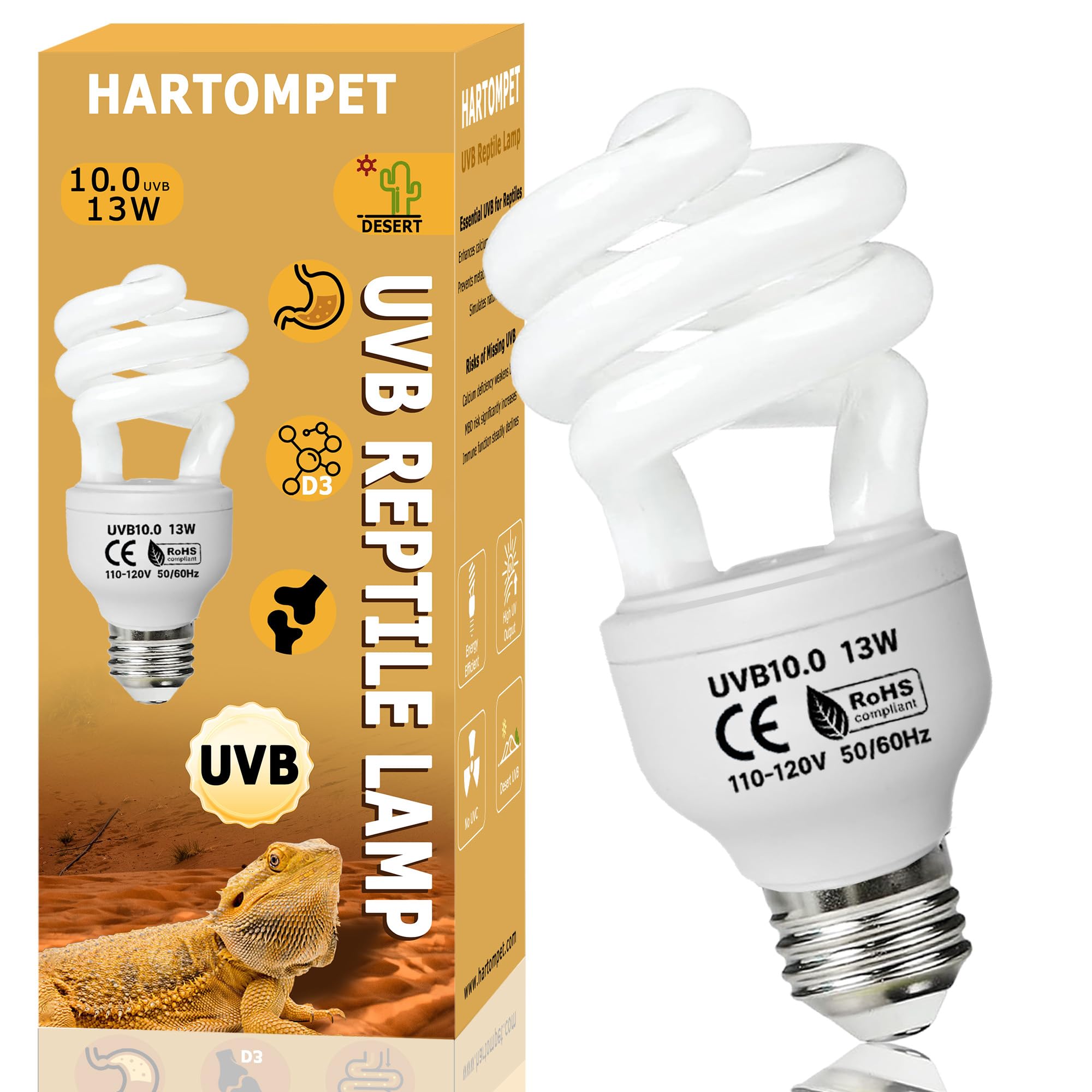 UVB 10.0 Reptile Light 13W, Compact Fluorescent Lamp，Coil UVB Desert Bulb–Lighting for Bearded Dragons, Lizards, Tortoises, Snakes, Geckos, Amphibians & Small Reptile Tanks