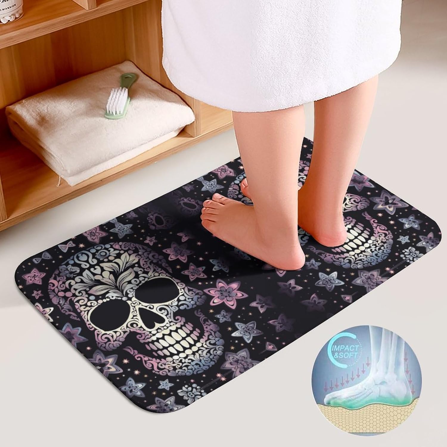 Anti-Skid Floor Mats 3 Piece Set,Cool Skull Printed Coral Fleece Bathroom Mats U-Shaped Contour Mat Toilet Seat Cover for Bathroom, Tub, Shower, Kitchen 19.7"x31.5"