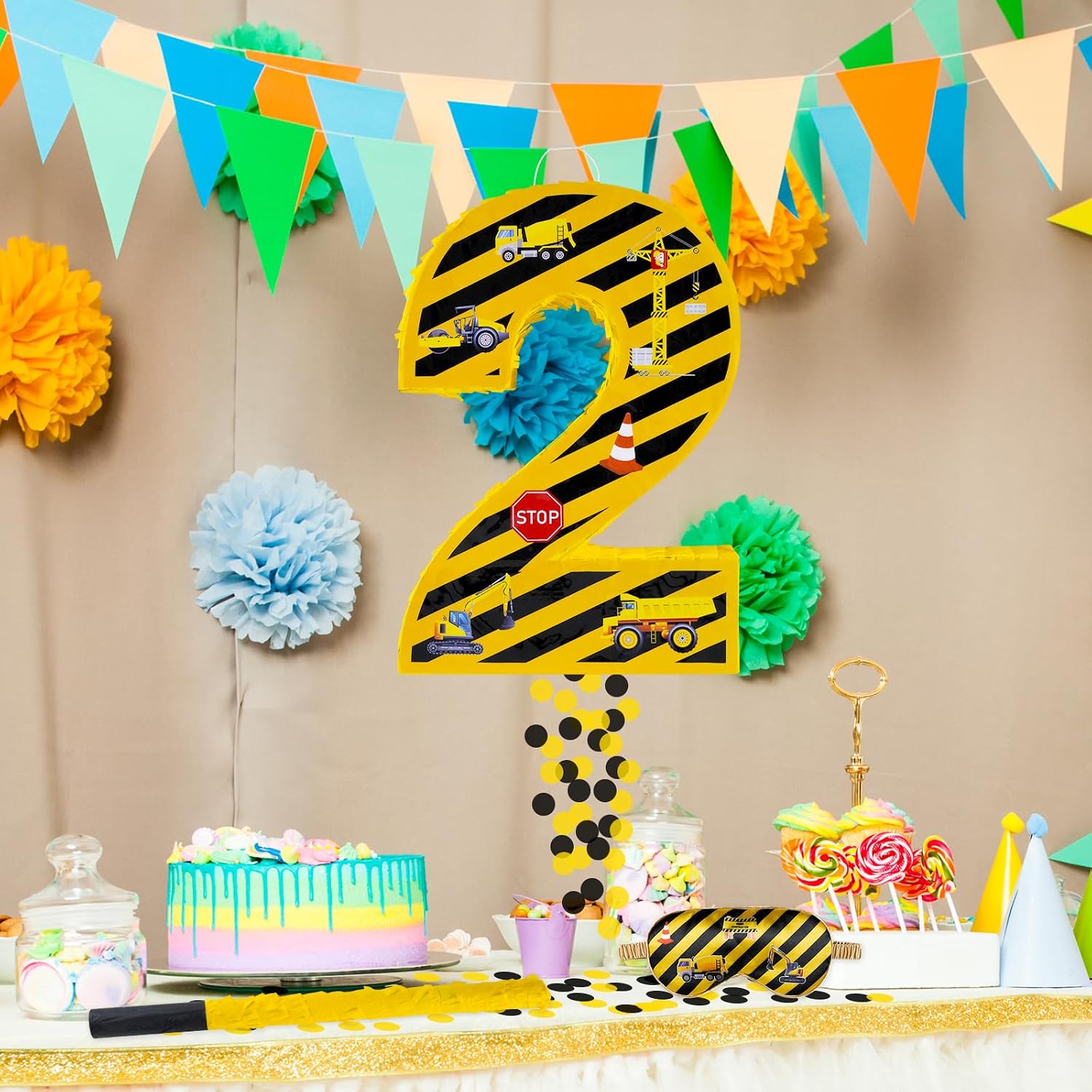 Construction Birthday Decorations, Construction Number 2 Pinata with Stick Blindfold and Confetti Yellow and Black Striped Construction 2nd Birthday Party Decoration & Supplies (Construction 2)