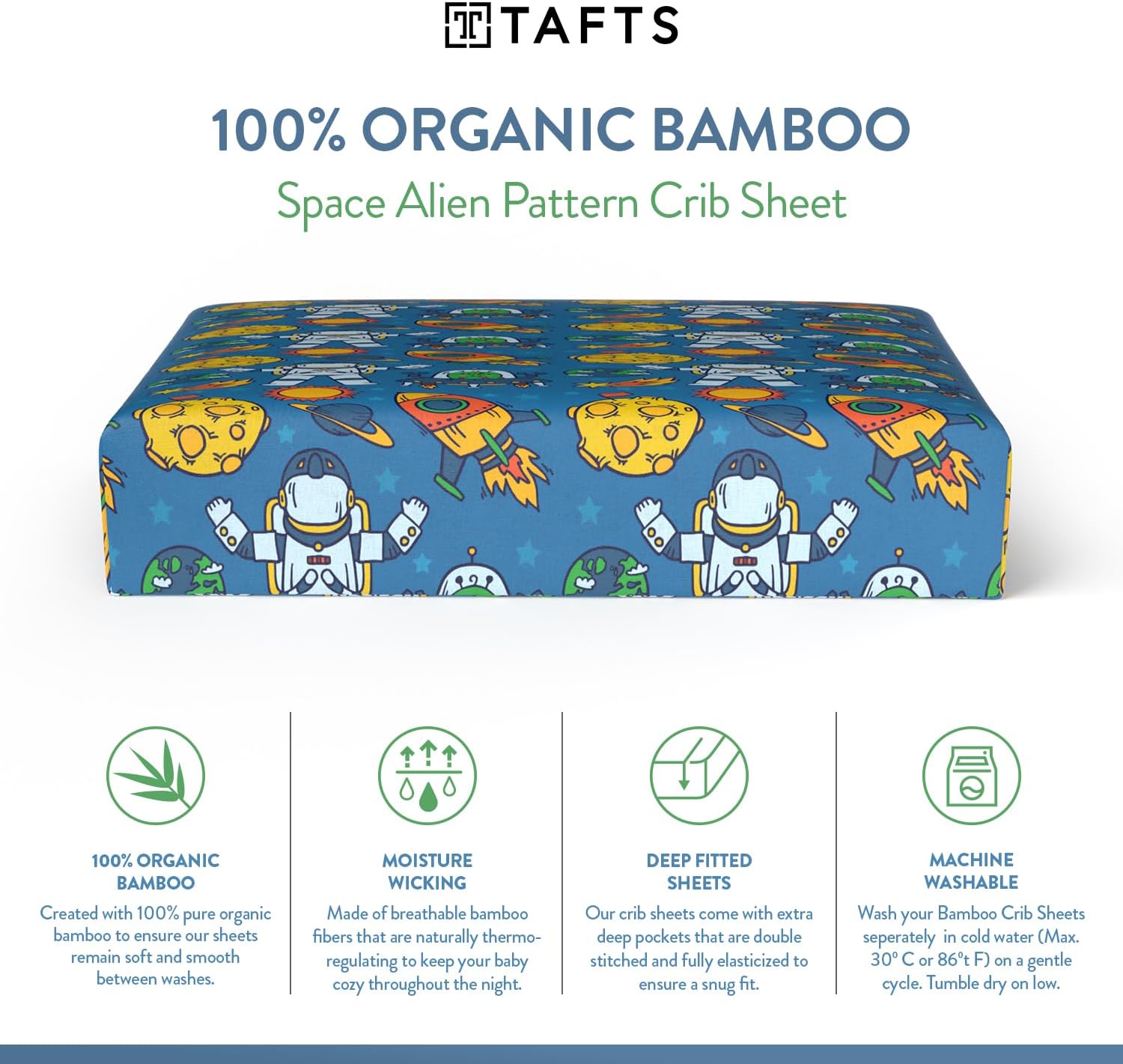 TAFTS 100% Viscose derived from Bamboo Fitted Crib Sheets, Girls, Boys & Unisex, 8 Inch Deep Pocket, Standard Crib & Toddler Mattress, Cooling, Soft, 360 Elastic, Lifetime Quality (28 x 52 Alien)