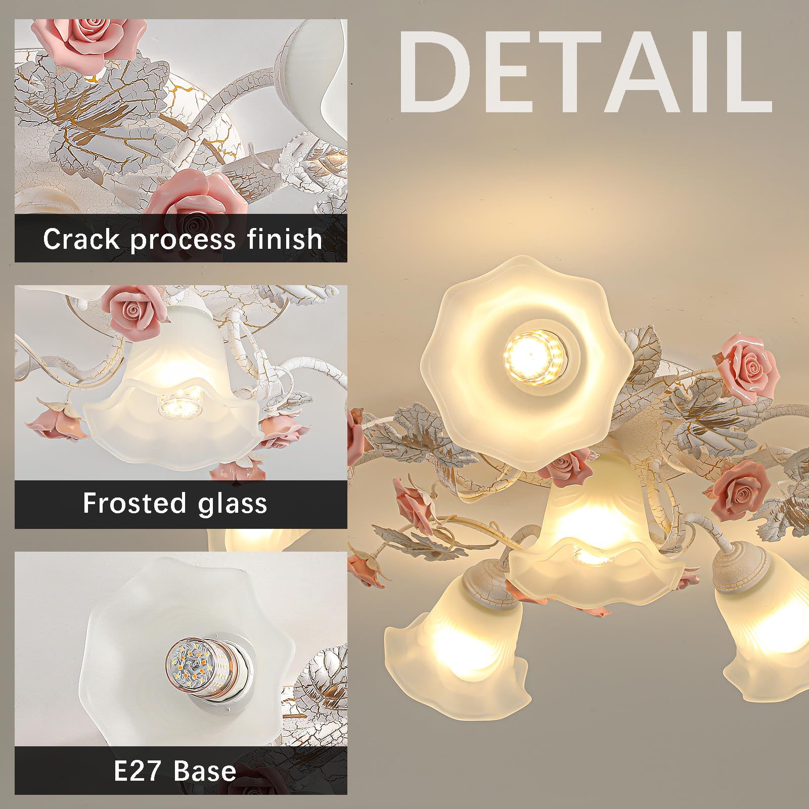 meibeileil Plafonnier vintage floral à 3 1 têtes avec abat-jour en verre et roses en céramique rose, plafonnier nordique pour chambre à coucher, cuisine, couloir E27
