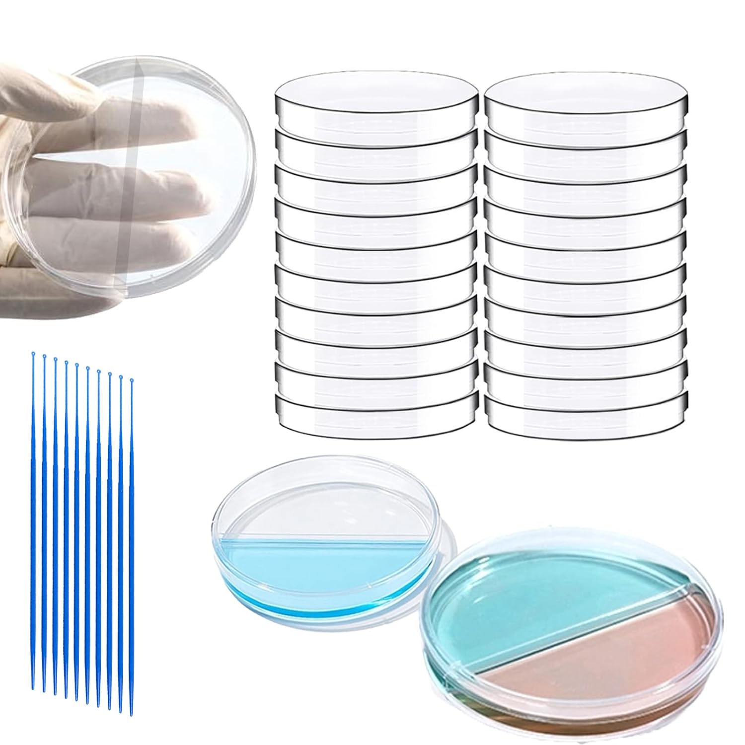 30 PCS 90mm 2 Compartments Plastic Petri Dish with Lids, Sterile with 10PCS 10uL Inoculation Loops