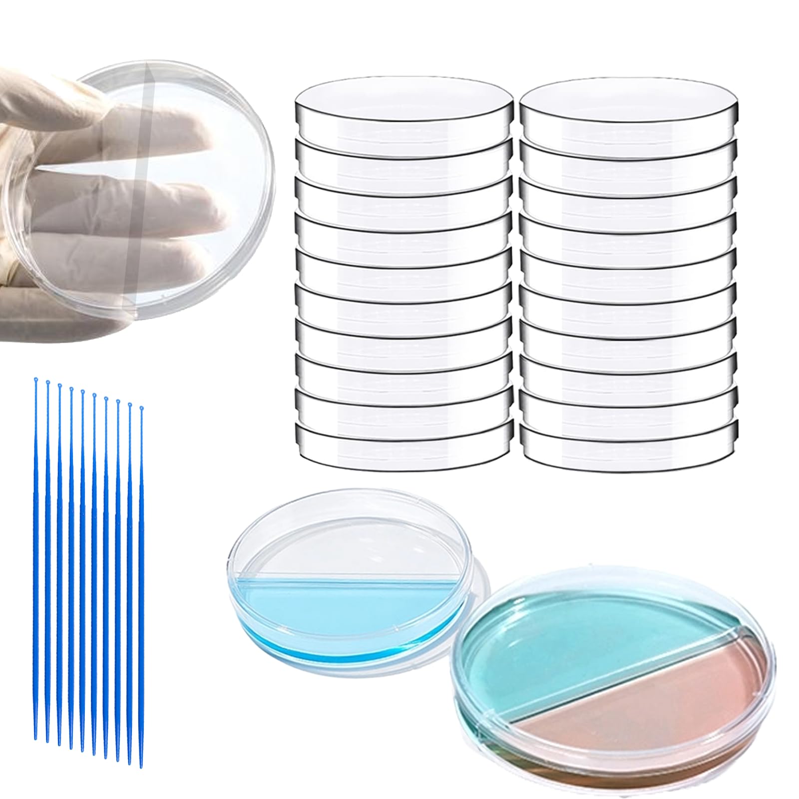 Estresen 30 PCS 90mm 2 Compartments Plastic Petri Dish with Lids, Sterile with 10PCS 10uL Inoculation Loops