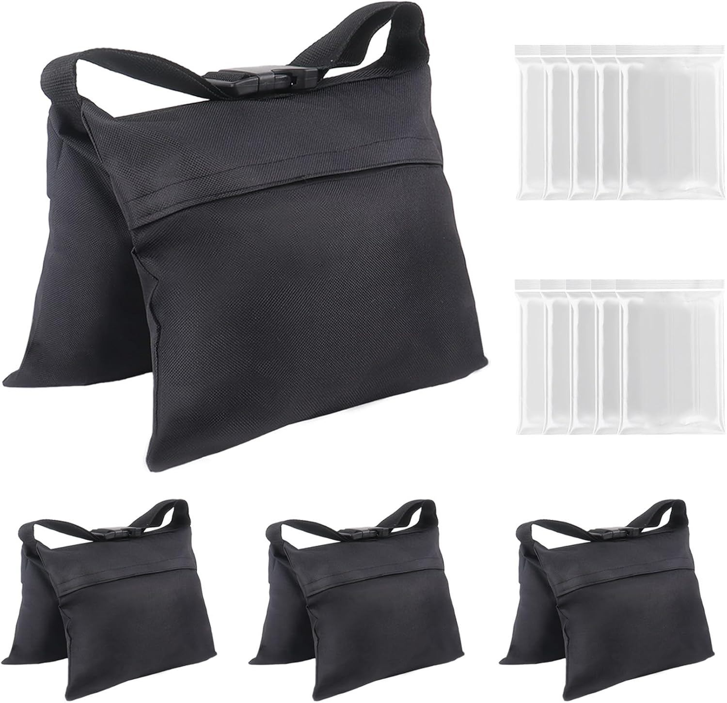 Klmnop 4 Packs Sandbags Weight Bags with 10 PE Bags for Photography Video Equipment, Heavy Duty Tripod Weight Sand Bags for Backdrop Stand, Light Stand, Canopy, Pop up Tent, Umbrella Base(Black)