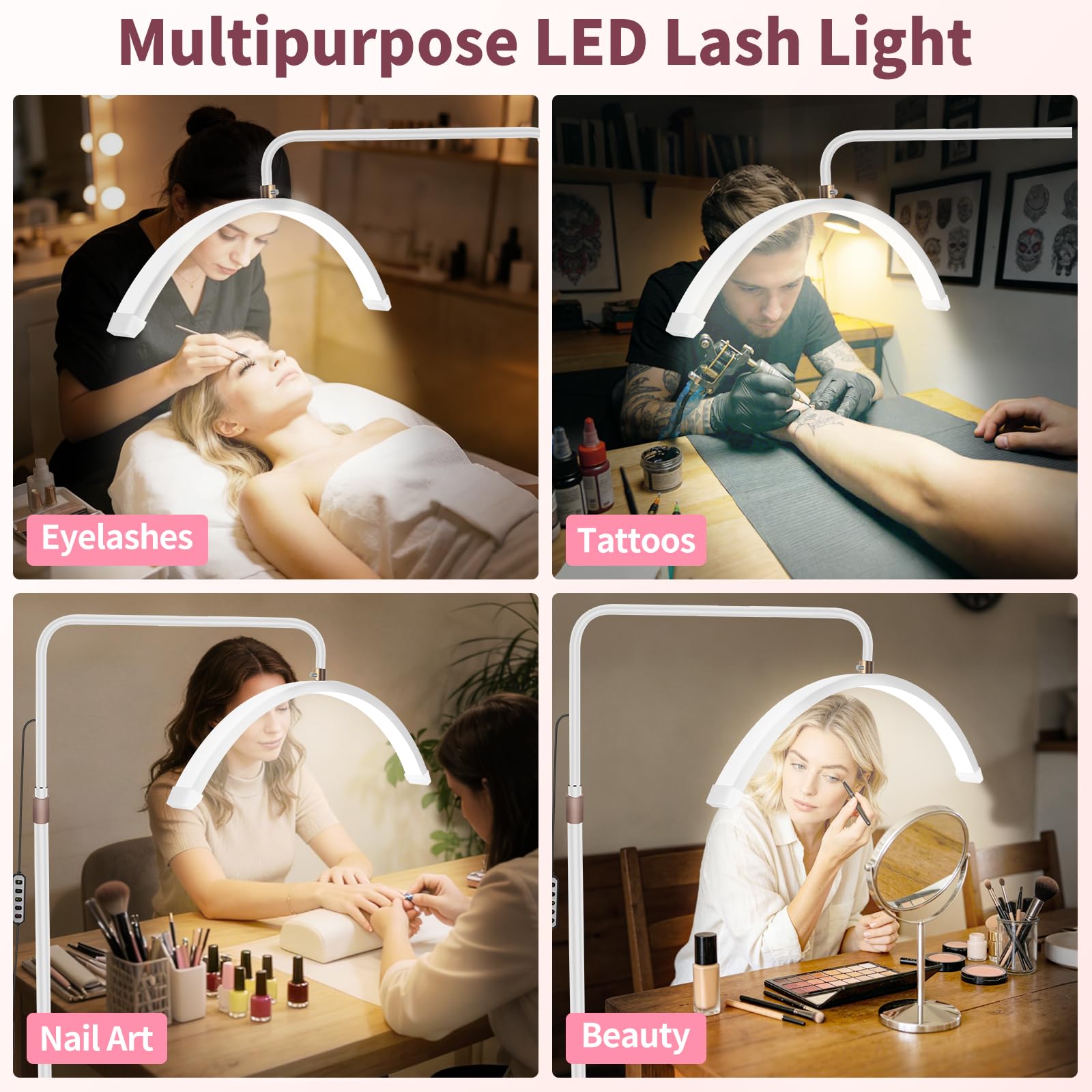 Diesisa Lampada Extension Ciglia Da Terra: LED Lampada Mezza Luna Ciglia con Porta Cellulare -Luminosità e Altezza Regolabili - Testa Girevole A 360° - Lampada Estetista per Ciglia/Manicure/Tatuaggi