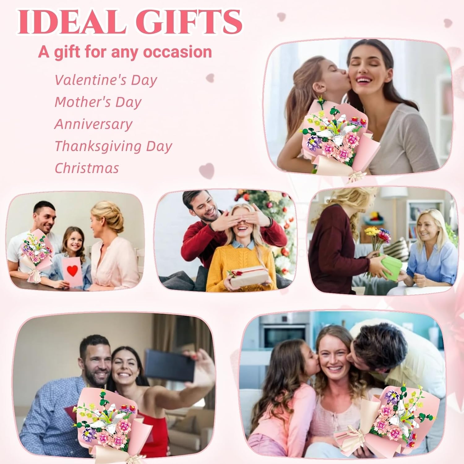Flower Bouquet Building Set for Adults, Artificial Flowers with Lily Carnation Botanical Collection, 514 Pcs Romantic Gifts for Wife Couples Women on Mother/Valentine's Day