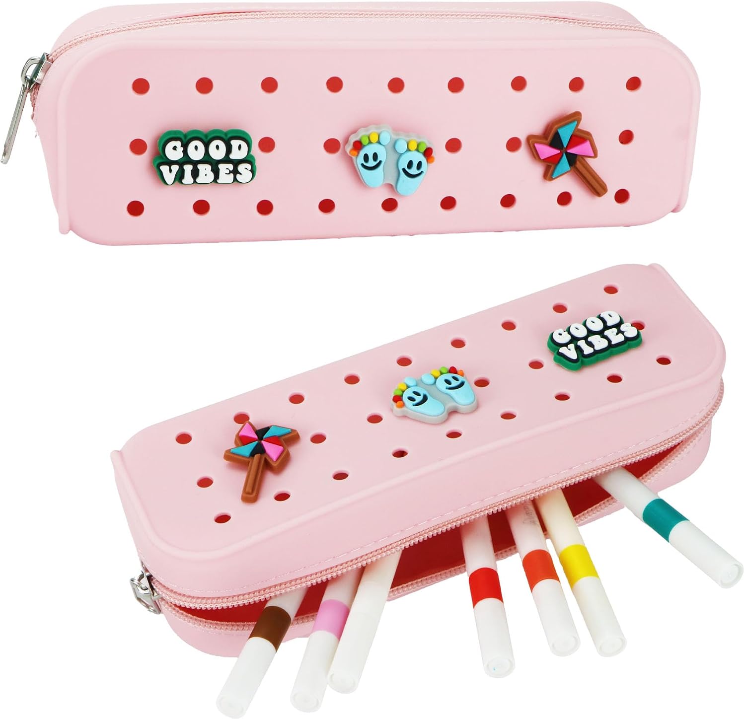 Cute Silicone Pen Case Pen Pouch with DIY Holes and 3 Decoratives(Random) Travel Makeup Brush Bag suitable for travel home7.81inch (Pale Pink)