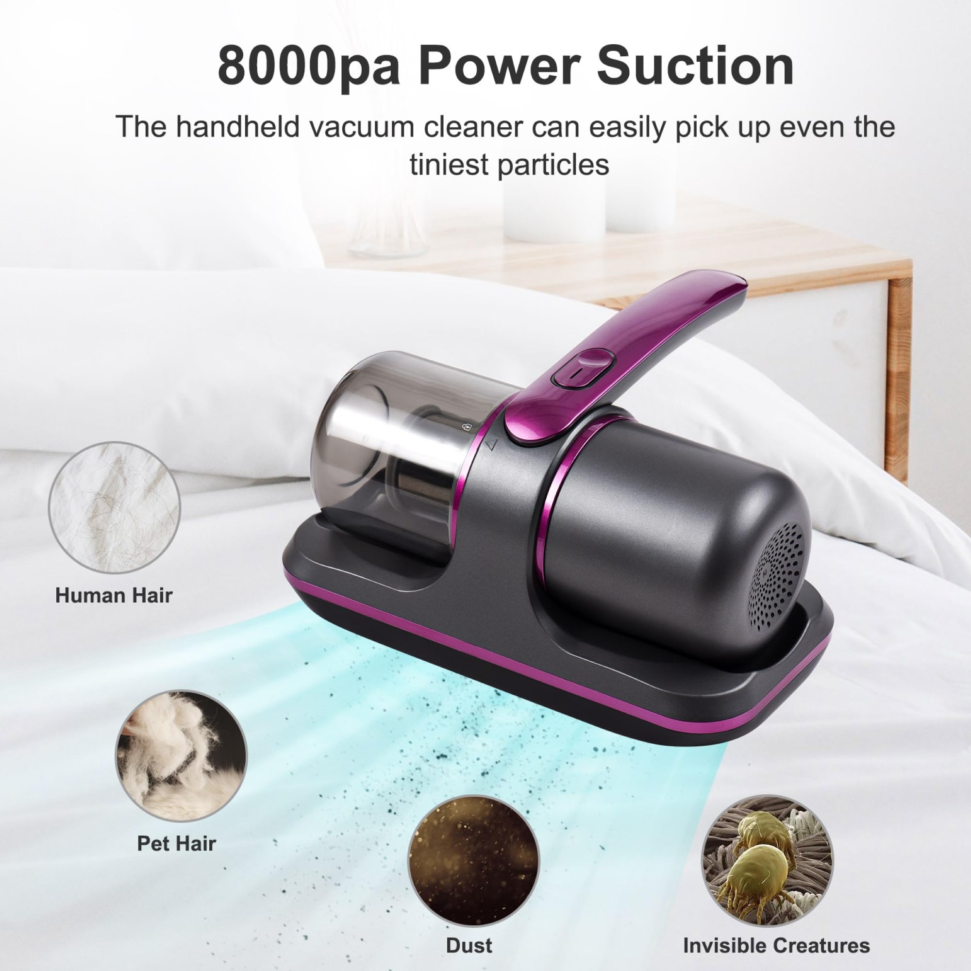 Aspiradora de mano 8000Pa UV-C removedor de polvo profundo con 6 filtros para cama, sofá y pelo de mascotas, solución de limpieza potente y eficiente
