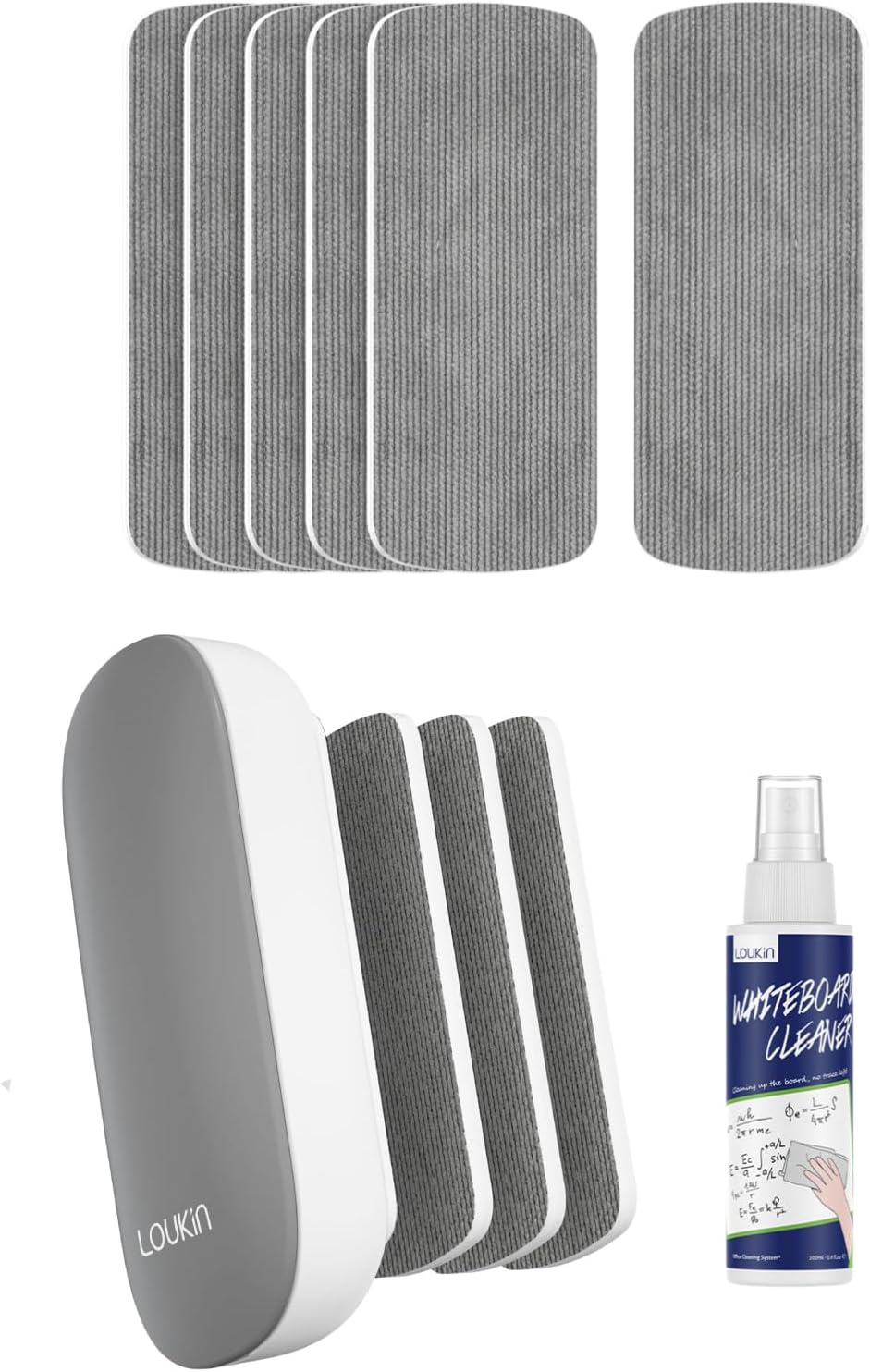 loukin Whiteboard Accessories Bundle | Replaceable Magnetic Dry Erase Eraser (Gray) & 6 Pack Refill Pads, & Whiteboard Cleaner (3.4 fl oz)
