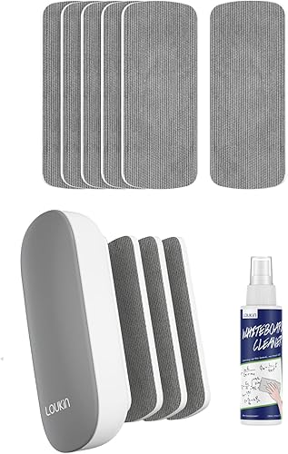 LOUKIN Paquete de accesorios para pizarra | Borrador magnético reemplazable de borrado en seco (gris) y paquete de 6 almohadillas de repuesto y