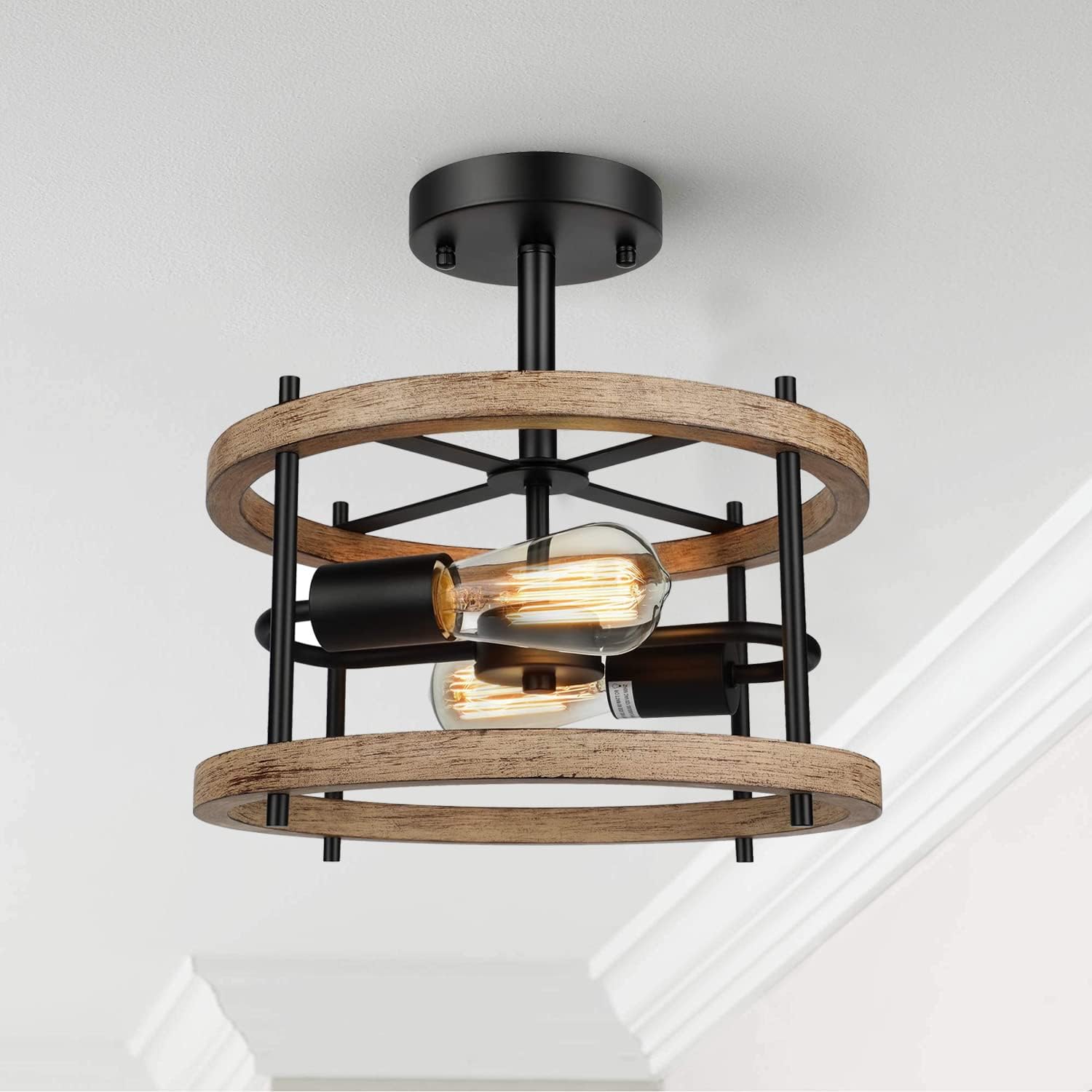 2-Light Retro Semi Flush Mount Ceiling Light Fixture, Rustic Vintage Wood Ceiling Light, Black Metal, Industrial Farmhouse Ceiling Lamp for Hallway, Entryway, Bedroom, Balcony, Farmhouse, Dining Room