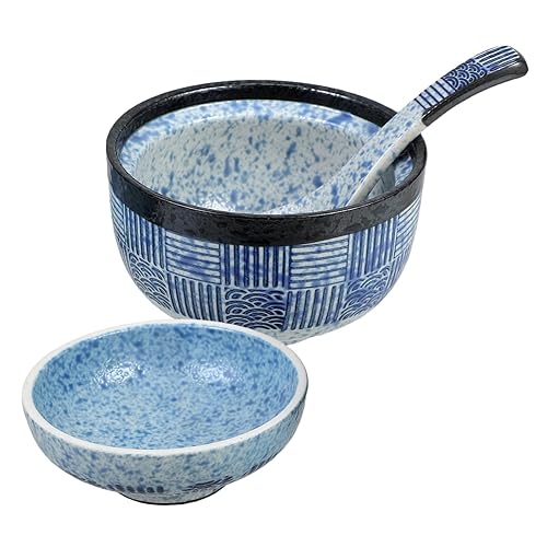 Mikinona Japanese Soup Bowls and Spoons Set Ceramic Ramen Bowl