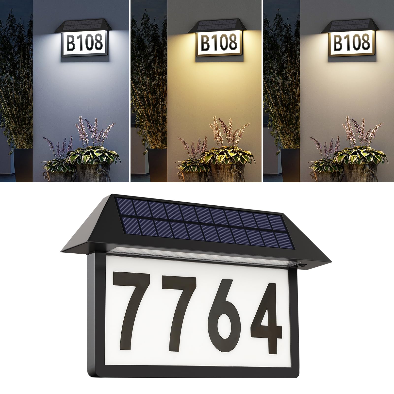 Solar Address Sign, Lighted House Numbers Waterproof, 3-Color Lighting Modes LED Illuminated Address Plaque, Wall Mount Address Number for Home