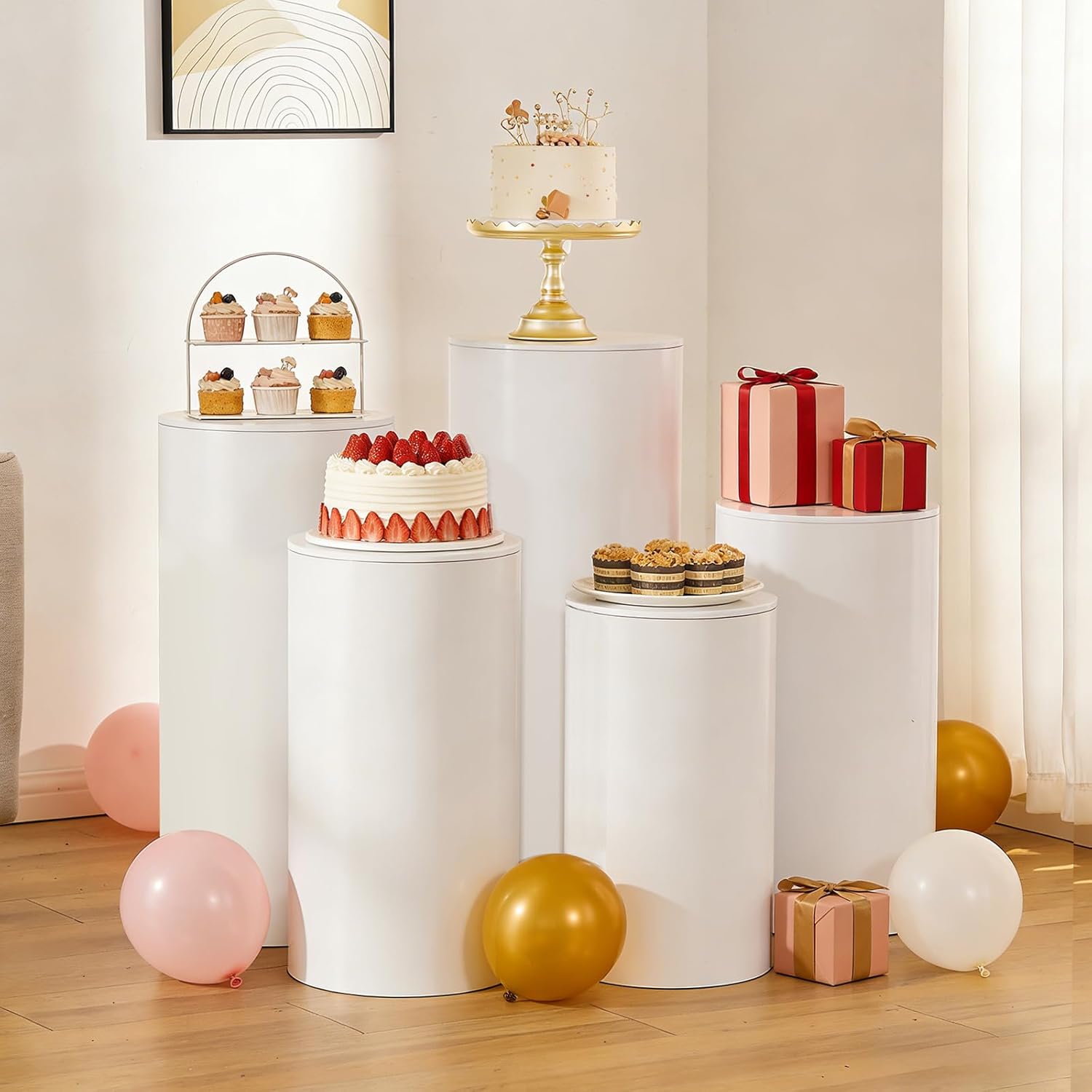 Vincidern 3PCS Metal Cylinder Pedestal Stands for Parties, White Round Cylinder Plinths Dessert Table Display Pillars for Birthday Wedding Bridal Baby Shower Party Decorations 23.6"(S), 25.5"(M), 27.5"(L)