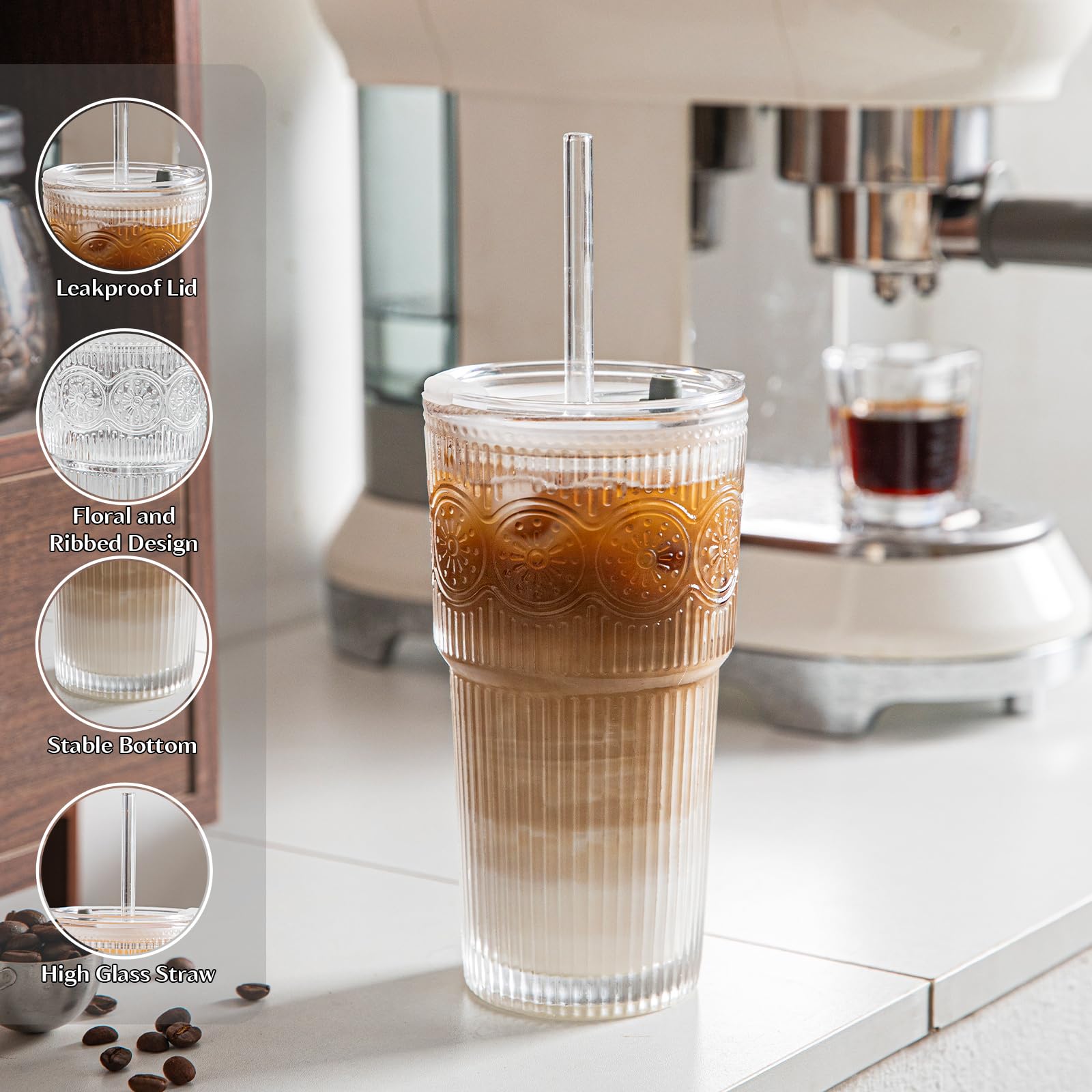 INSETLAN 600ml Floral Iced Coffee Cup, 2 Pack Leakproof Glass Tumbler with Lids and Straws - Image 2