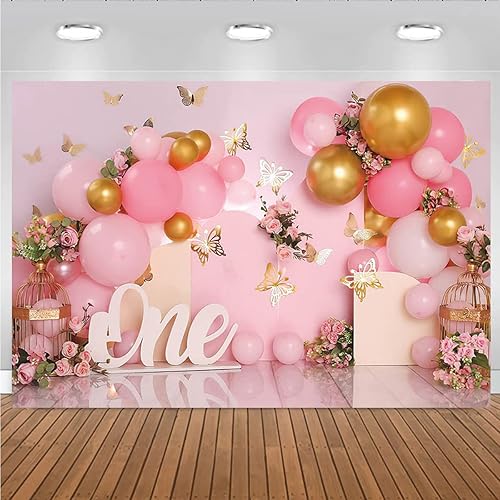 Miniatura 2 de Telón de fondo de 1er cumpleaños para niña, globos rosados, mariposa dorada, dulce para niños, decoración de fiesta de cumpleaños, fotografía