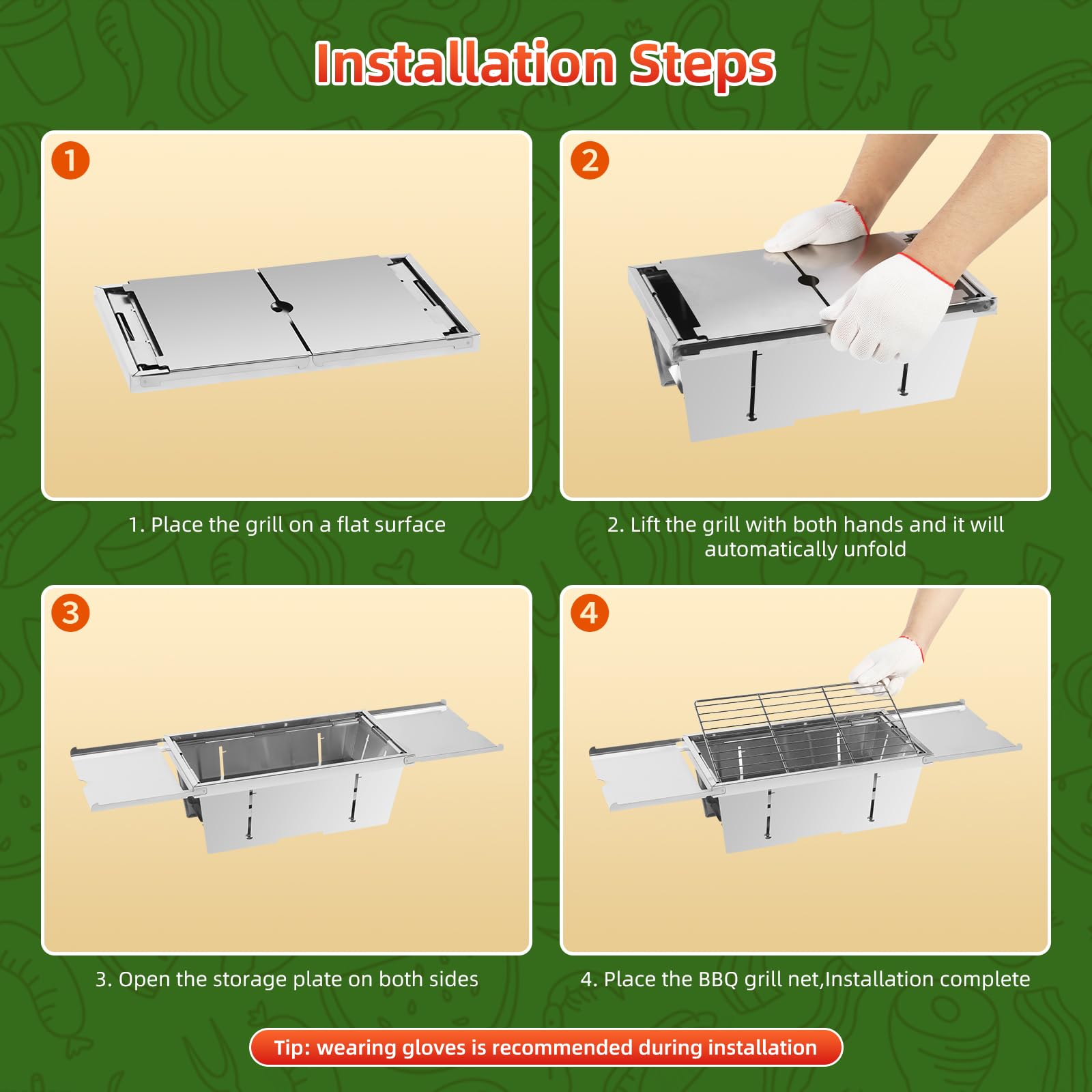 Uten Parrilla Plegable Portátil, Barbacoa de Carbón de acero inoxidable con bolsa de almacenamiento y guantes, Barbacoa de Mesa para jardín, playa, camping, senderismo, picnics y viajes — view 5