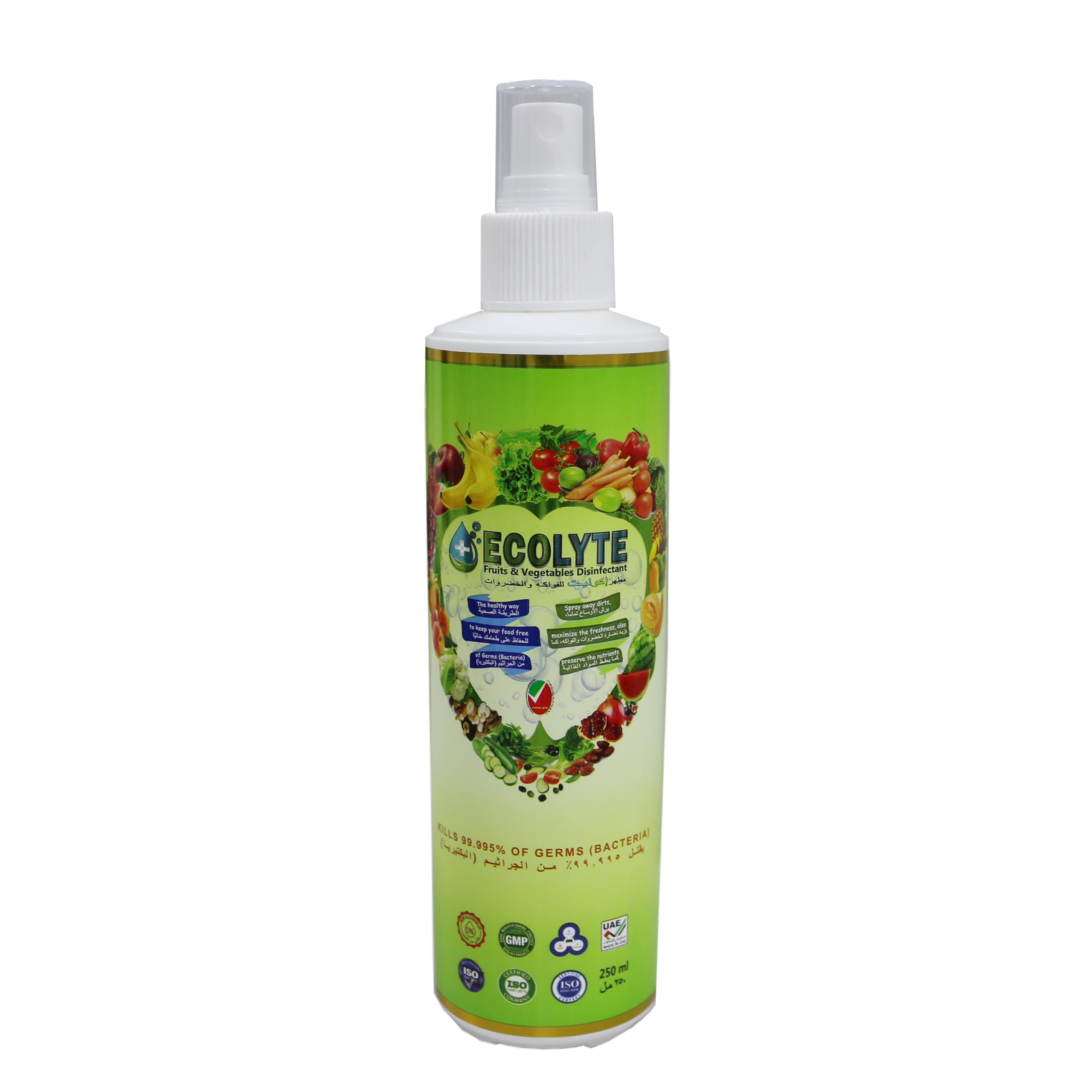 Ecolyte Fruits and Vegetables Disinfectant 250ml I 100% Natural Action, Removes Pesticides & 99.9% Germs With Pure Electrolyzed Water, Safe to Use on Veggies and Fruits, Nontoxic and Nonalcoholic.