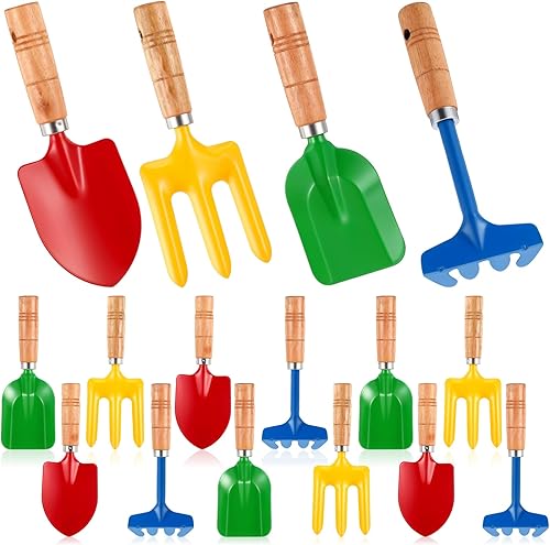 16 herramientas de jardinería de metal para jardín, playa, caja de arena para excavación, incluyendo pala, rastrillo, tenedor y pala, herramientas