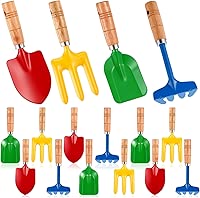 16 Pcs Gardening Tools Metal Garden Beach Sandbox Digging Including Shovel, Rake, Fork and Trowel, Garden Beach Sand Tools with Wooden Handle Hoe for Gift Outdoor Gardening