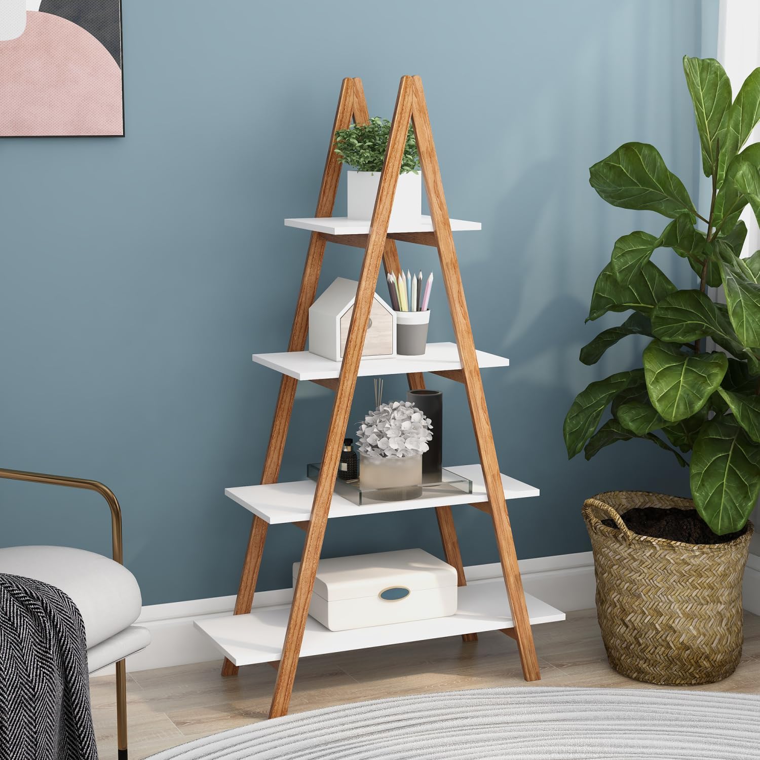 Solid Wood Oxford 'A' Frame Ladder Display Bookshelf White MDF Sturdy & Scratch-Resistant Durable Home Decor Elegant Design