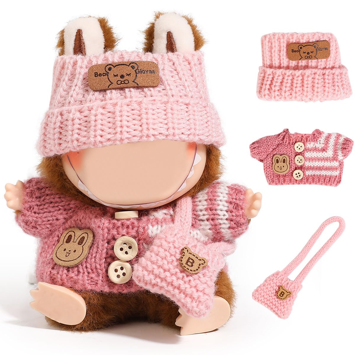 Clothes Compatible for Labubu(NO Doll), 3 Pcs Set Hat Clothes Backpack for Standing/Sitting Doll or Any 17cm/6.7inch Doll Pink (Hat/Pink Clothes/Pink Bag)