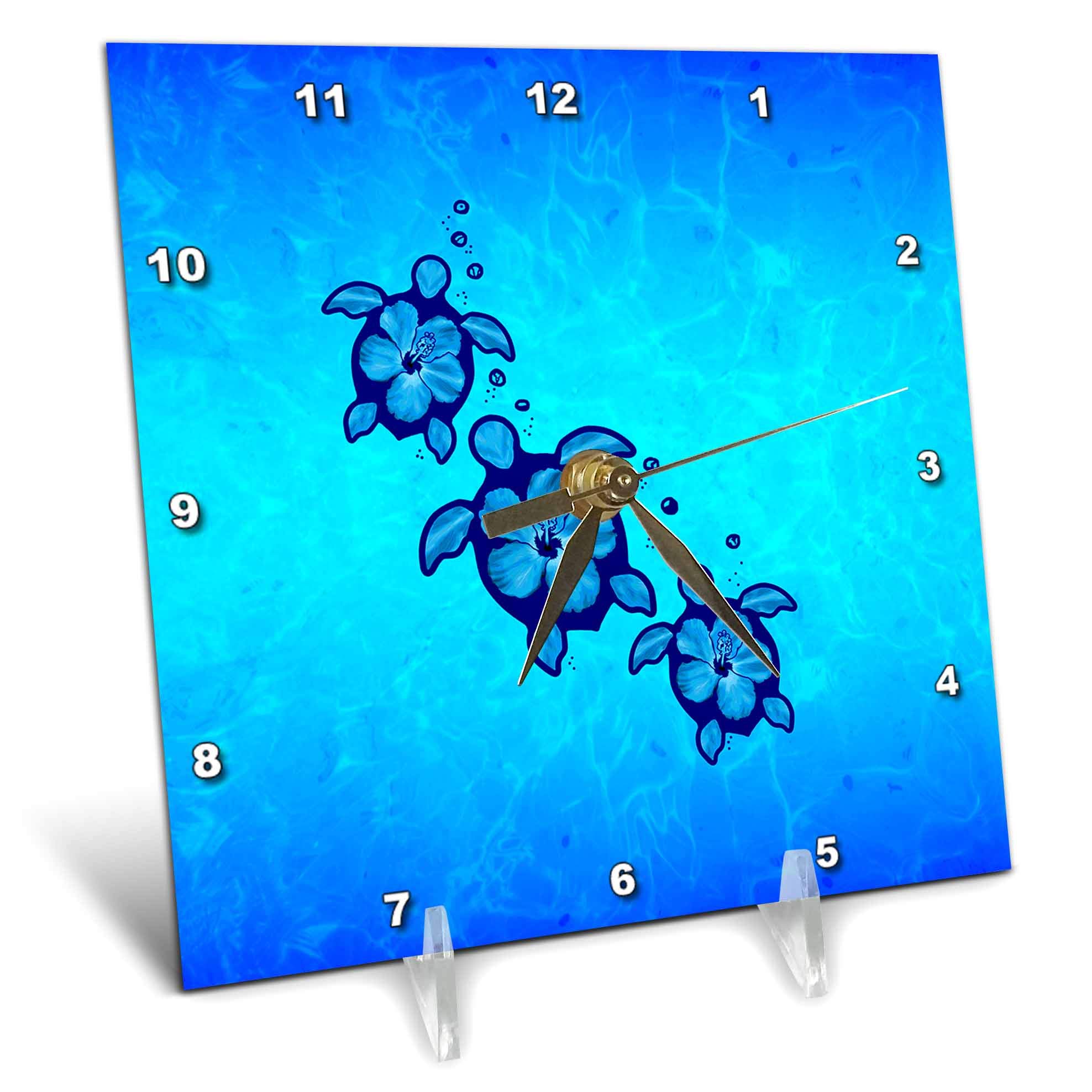 3dRose6x6 Desk Clock - Three Colorful Hawaiian Honu sea Turtle Symbols in Ocean Blues. Creative Studios – Turtles