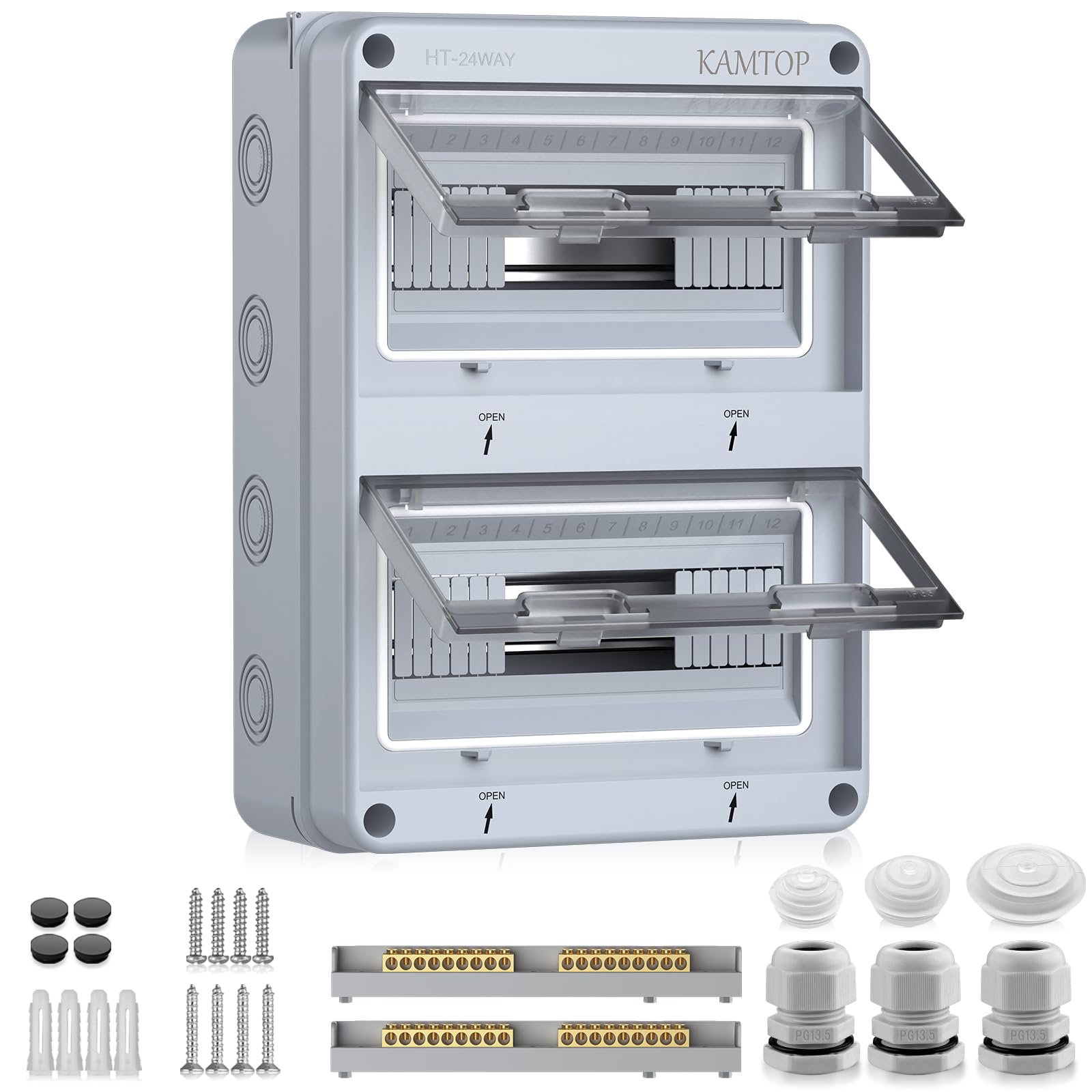 Kamtop Quadro Distribuzione Bifase IP65-24 Moduli a Doppia Fila con 5 Morsetti Trifase e 7 Prese Esterne, Progettato per Cantieri Edili, Vivai Professionali e Impianti Commerciali